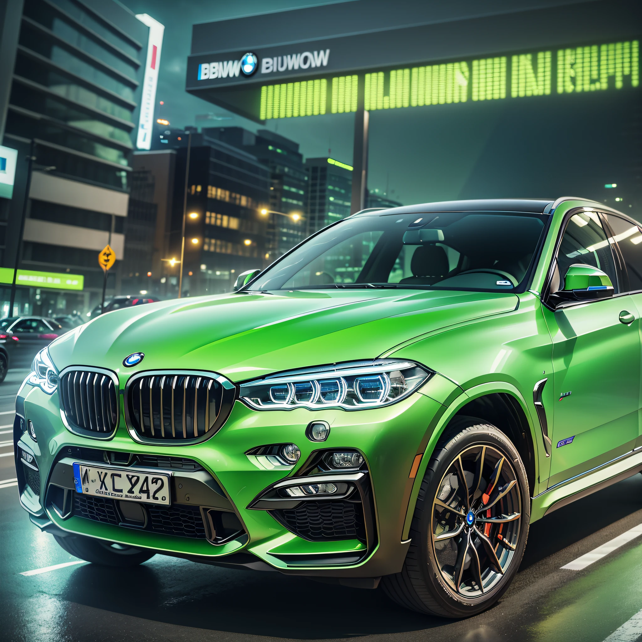 BMW X6, fluorescent green, extremely high image quality, ultra-clear, meticulous, city night view, bright lights, --auto --s2