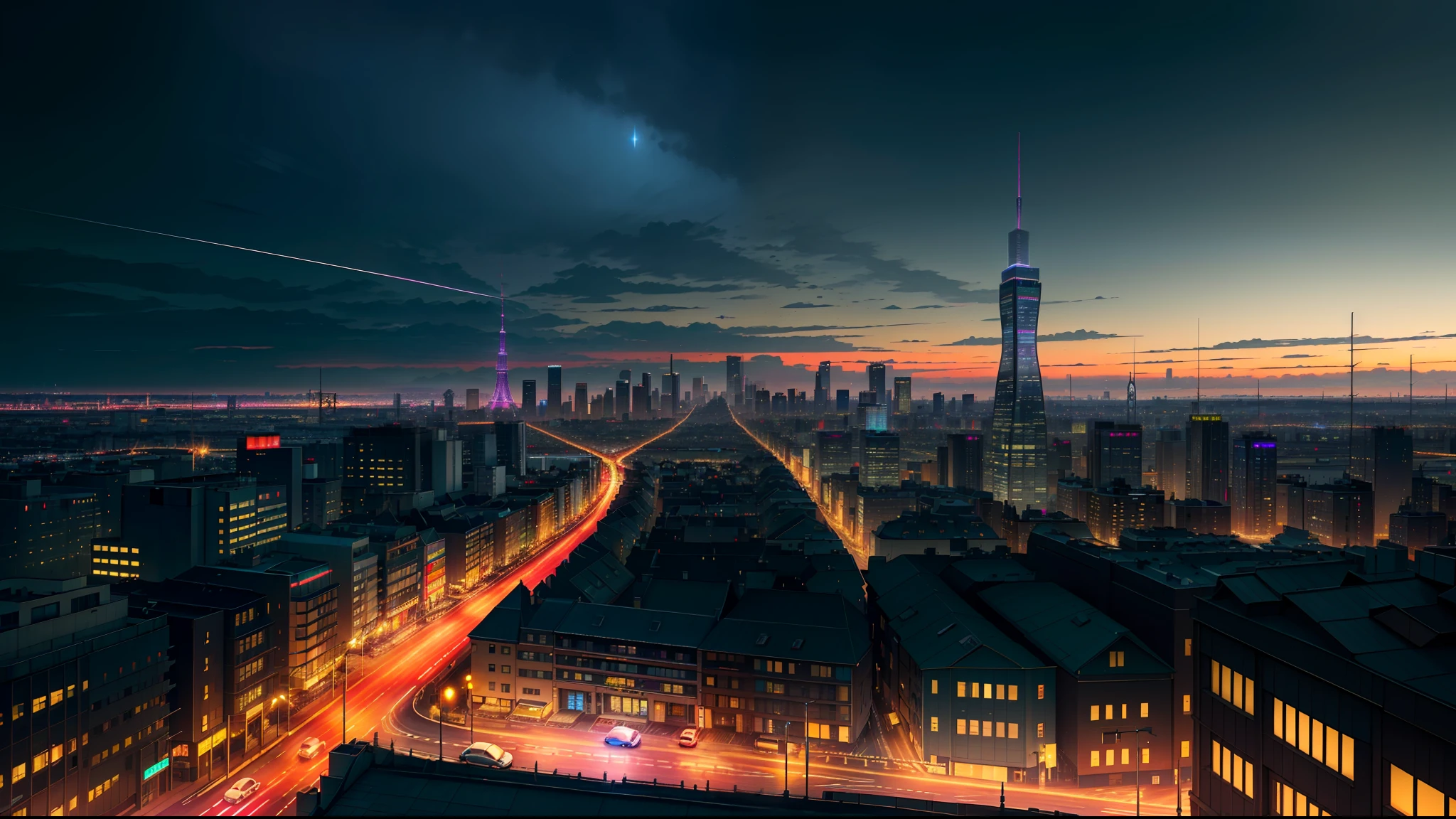 (high quality, best quality, hi res), (ultimate phtoreal Concept Art), (bridge, building, city, city_lights, cityscape, lamppost, lights, neon_lights, night, night_sky, no_humans, outdoors, real_world_location, reflection, road, rooftop, scenery, science_fiction, shooting_star, sky, skyline, skyscraper, star_\(sky\), starry_sky, street, tokyo_\(city\), tower, town):3.0. (Ray traching, Lumen, 8 k, realistic, hyperdetailed photorealistic, intricate detail)