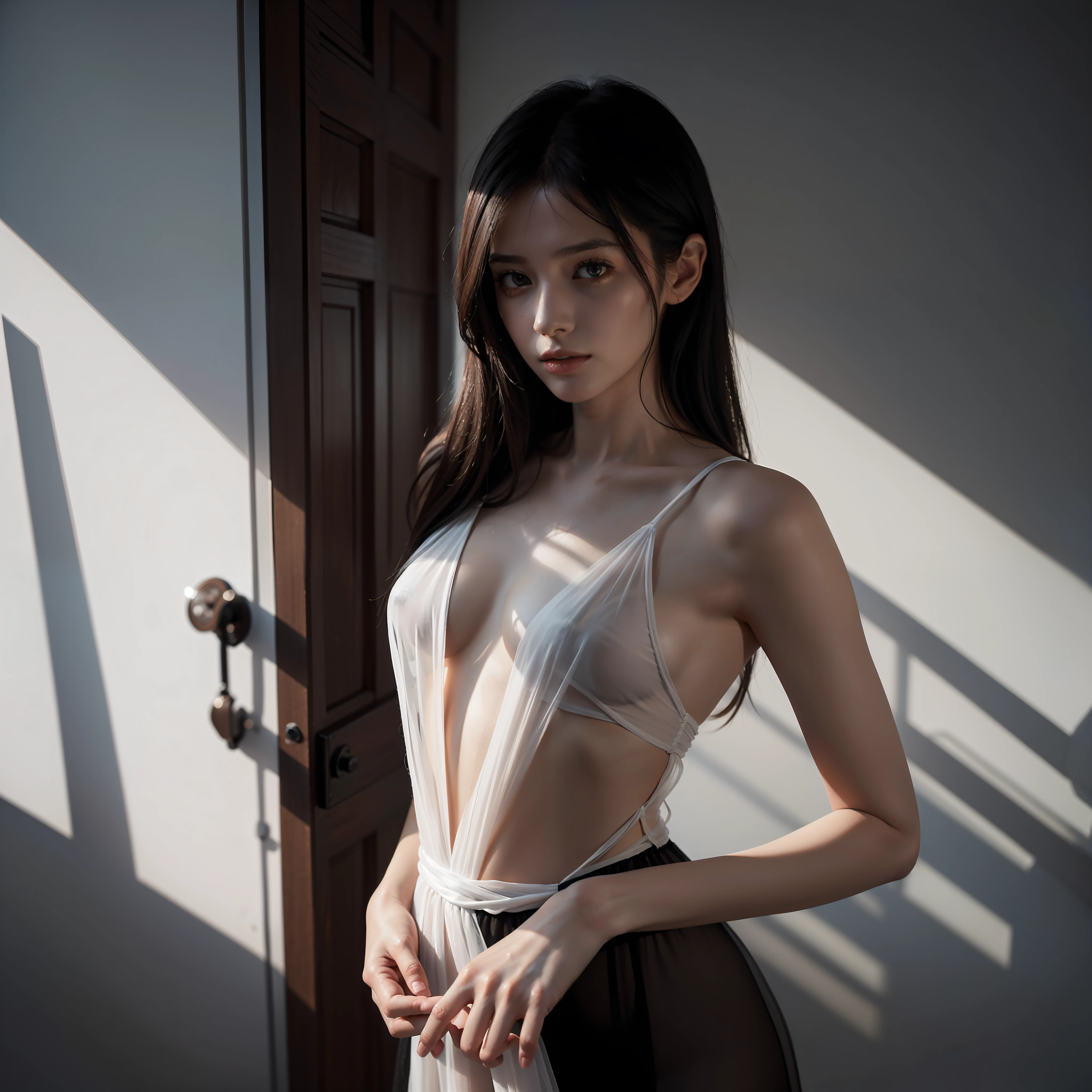 Amateur photo of a beautiful 30-year-old French brunette woman, standing, with a small pointed nose, a very small chest in washcloth falling with very long black eyes, under a thin transparent cotton dress, hyper realistic contemporary artwork with light rendering techniques and advanced perspectives, Rendering inspired by the greatest photographers for 8K rendering