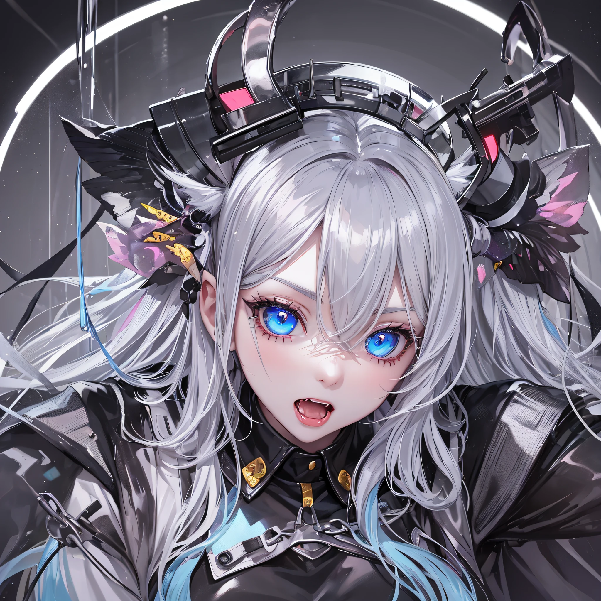 One girl, big, succubus, long gray hair, pale skin, heart-shaped light blue eyes, fangs, abnormally long braids, black cat ears, nurse's uniform --auto --s2