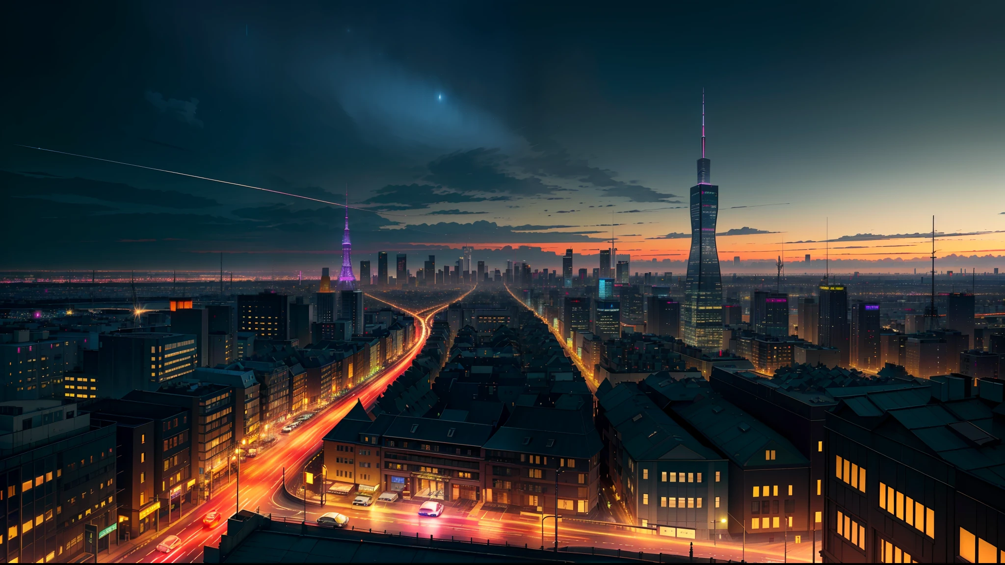 (high quality, best quality, hi res), (ultimate phtoreal Concept Art), (bridge, building, city, city_lights, cityscape, lamppost, lights, neon_lights, night, night_sky, no_humans, outdoors, real_world_location, reflection, road, rooftop, scenery, science_fiction, shooting_star, sky, skyline, skyscraper, star_\(sky\), starry_sky, street, tokyo_\(city\), tower, town):3.0. (Ray traching, Lumen, 8 k, realistic, hyperdetailed photorealistic, intricate detail)