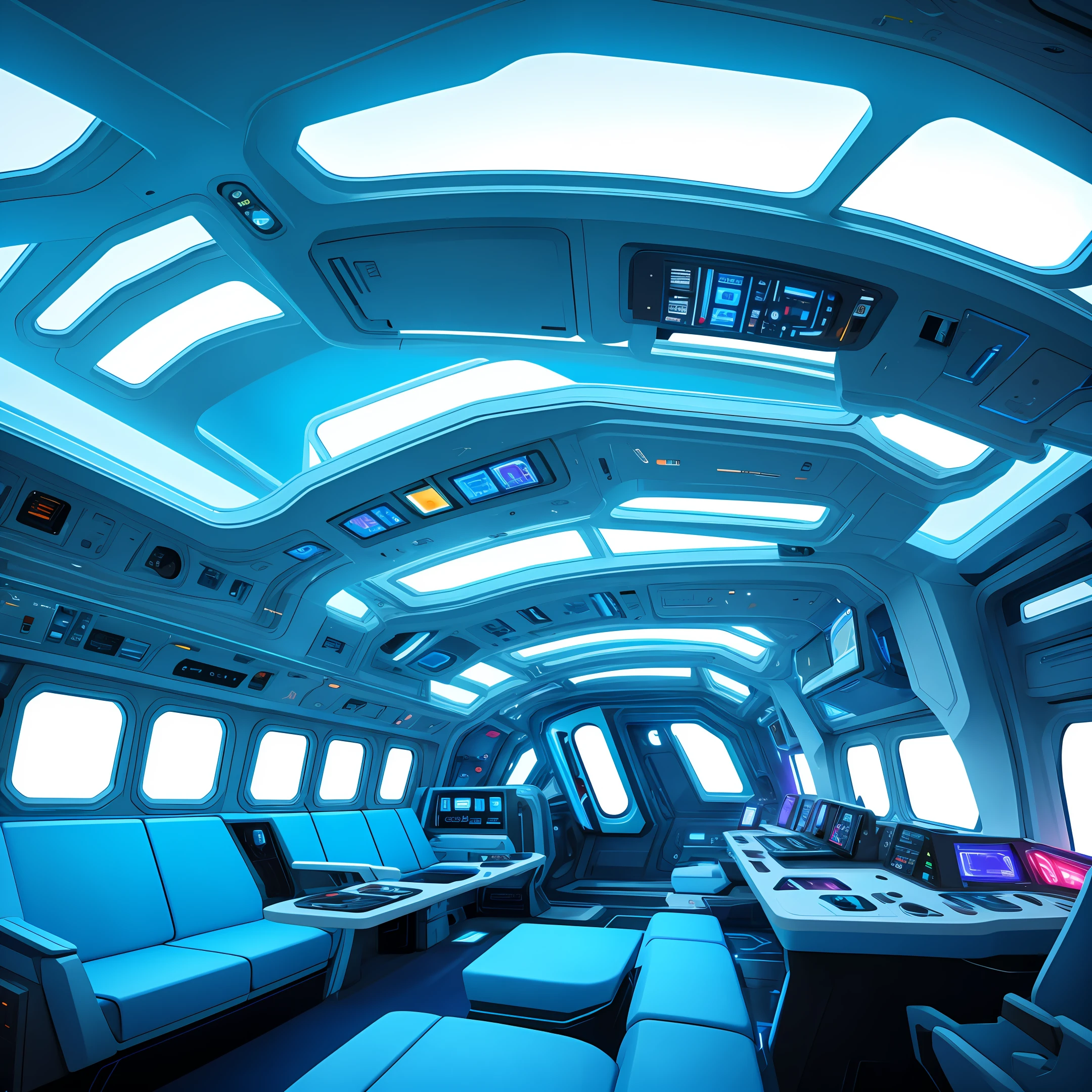 The interior of a futuristic spaceship, blue/cyan leds, floating objects, realistic, masterpiece, 8k