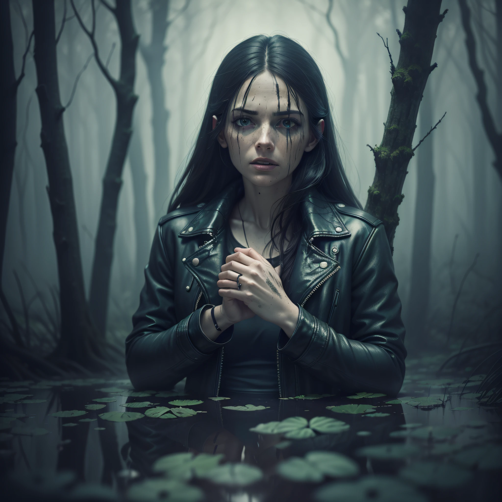 Experimental photography, dark and gloomy, mystical forest, night shot, darkened colors, swamp mud, woman in jeans and leather jacket, victim to the spirit of the swamp, waiting to be swallowed up by the swamp, experiencing sexual ecstasy and fear