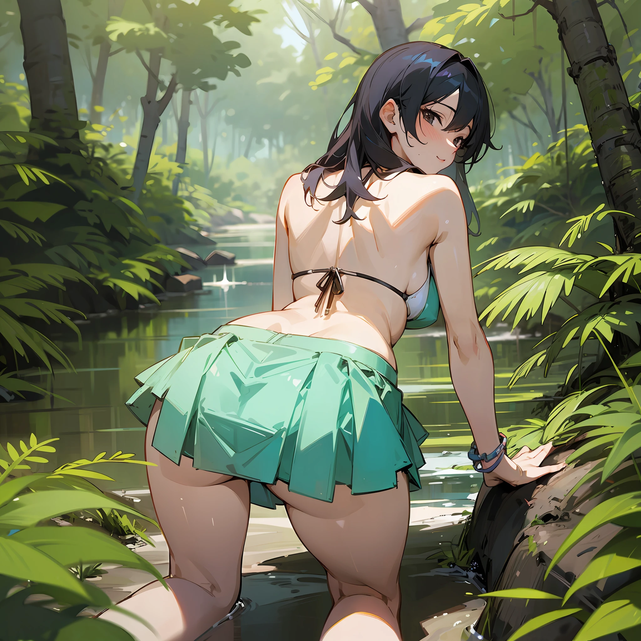 sexy anime milf, bikini, in the forest, view of the back, buttocks, bending over, skirt rolled up --auto --s2