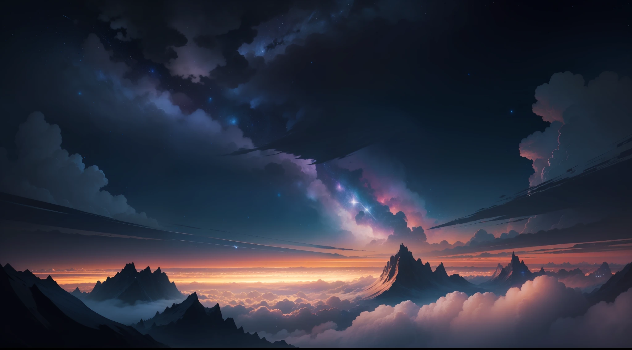 "(starry sky:1.2, realistic clouds), anime style, hyper-realistic, high resolution, night sky landscape, landscape of a park, dark colors, view of clouds, many stars, nebulae (8k)".
