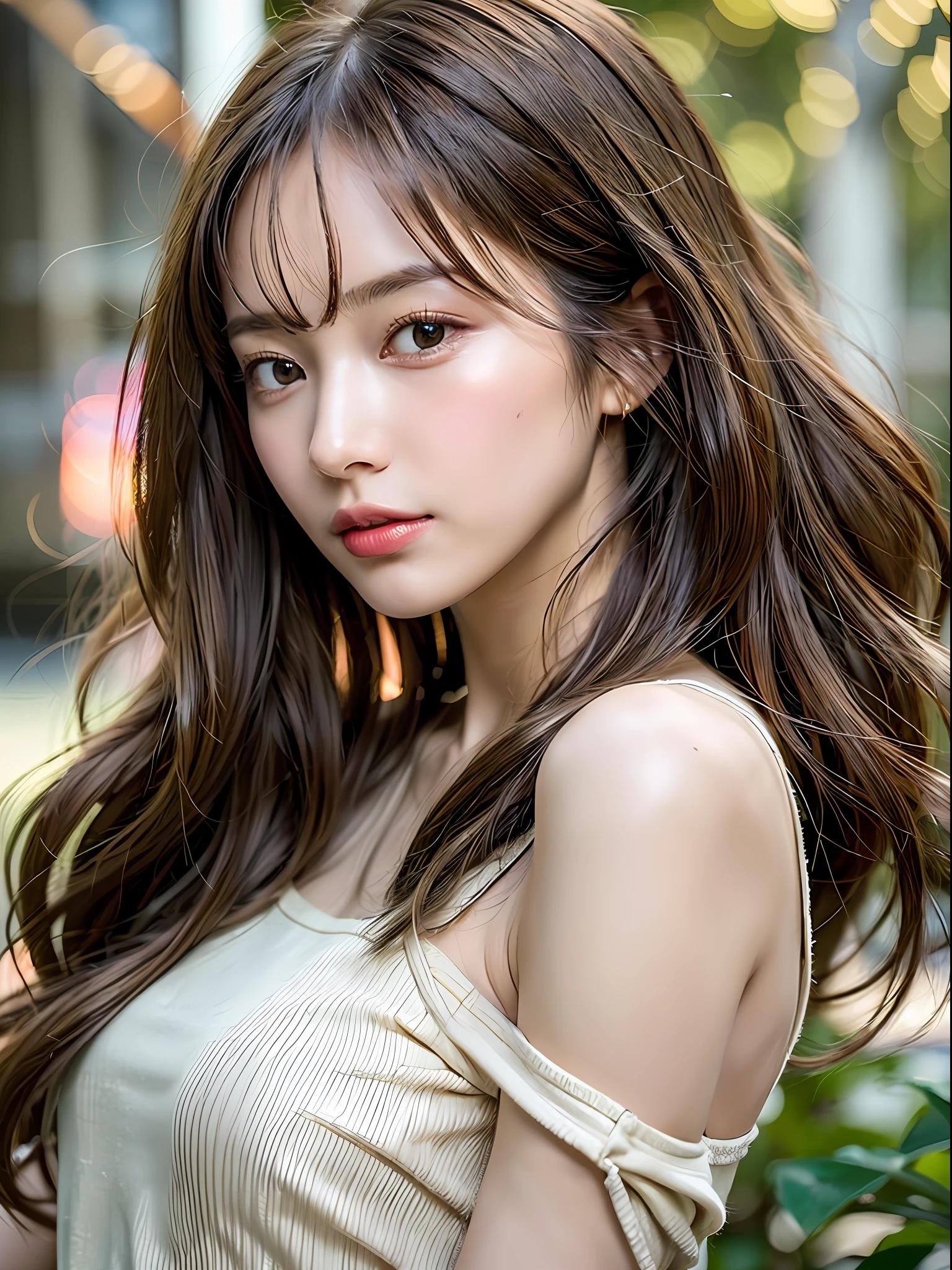 depth of field, lifelike, realistic, super detailed, beautiful, slender, cute, 30s, beautiful features, actress, mature, upper body, bright brown hair, thin hair, small face, live-action, highest quality, very elaborate CG Unity 8K wallpaper, ultra high resolution, natural fashion, lighting, medium hair, (puffy eyes), model figure, light on hair, turn around pose, Ash brown hair, model pose, studio shoot, white background, delicate skin tone, light wavy hair close to straight hair, hands around the mouth, adult clothes, hair model shoot, hair fluttering in the wind, transparent hair, fine hair fineness, soft hair, fine skin, bright photo, less hair, angle of pull, professional lighting, realistic light, realistic shadow, natural light, soft light, The length of the hair should be short, the hair should be honey-blonde color, the eye color should be emerald green, the skin color should be natural beige tone complexion, natural and light styling and make-up, the hair should be wavy to express light movements, makeup should emphasize bright lips and eye-catching mascara, wear a dress in a simple and sophisticated style, Bright images that look like they were taken under natural sunlight