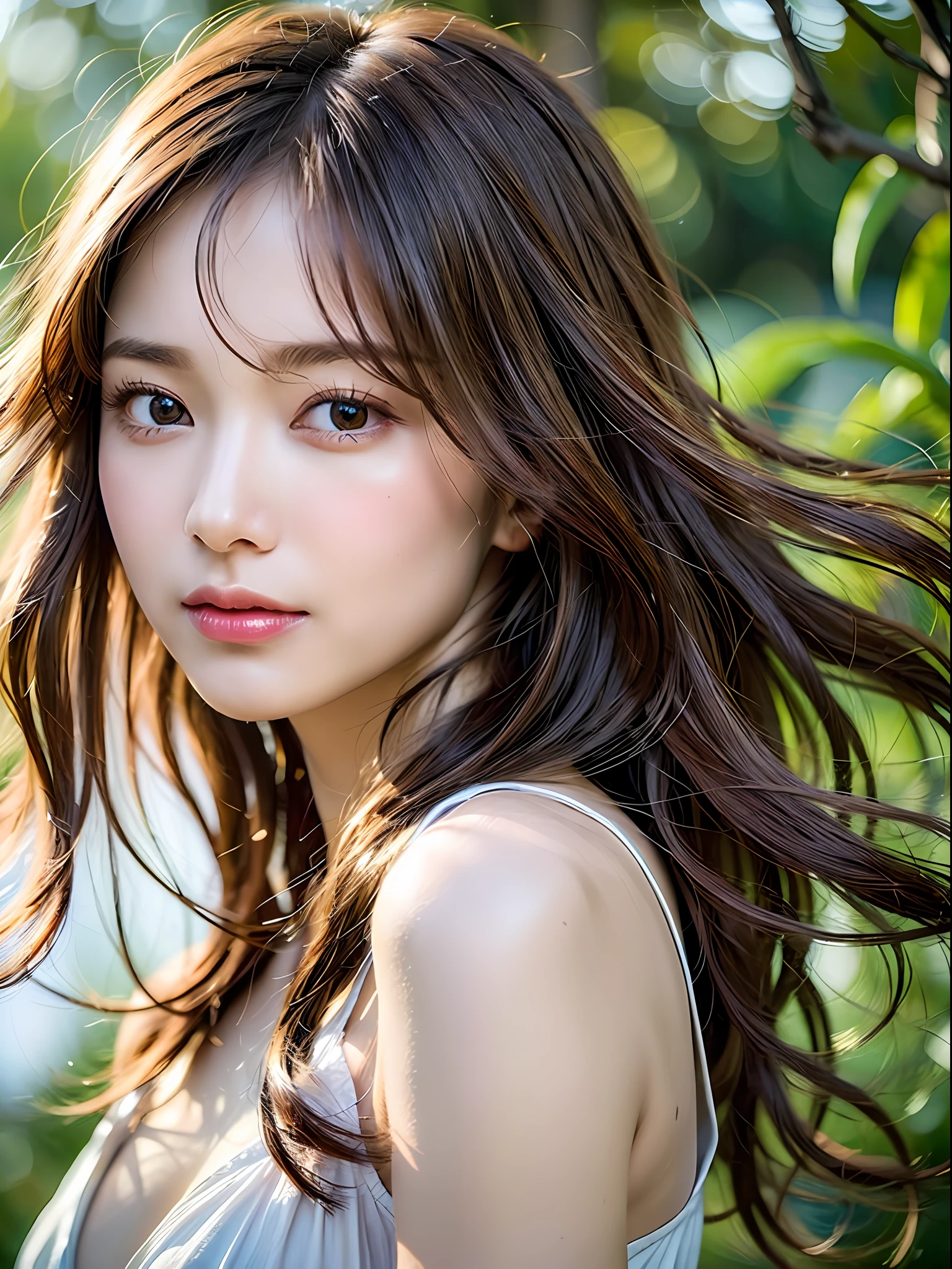 depth of field, lifelike, realistic, super detailed, beautiful, slender, cute, 30s, beautiful features, actress, mature, upper body, bright brown hair, thin hair, small face, live-action, highest quality, very elaborate CG Unity 8K wallpaper, ultra high resolution, natural fashion, lighting, medium hair, (puffy eyes), model figure, light on hair, turn around pose, Ash brown hair, model pose, studio shoot, white background, delicate skin tone, light wavy hair close to straight hair, hands around the mouth, adult clothes, hair model shoot, hair fluttering in the wind, transparent hair, fine hair fineness, soft hair, fine skin, bright photo, less hair, angle of pull, professional lighting, realistic light, realistic shadow, natural light, soft light, The length of the hair should be short, the hair should be honey-blonde color, the eye color should be emerald green, the skin color should be natural beige tone complexion, natural and light styling and make-up, the hair should be wavy to express light movements, makeup should emphasize bright lips and eye-catching mascara, wear a dress in a simple and sophisticated style, Bright images that look like they were taken under natural sunlight