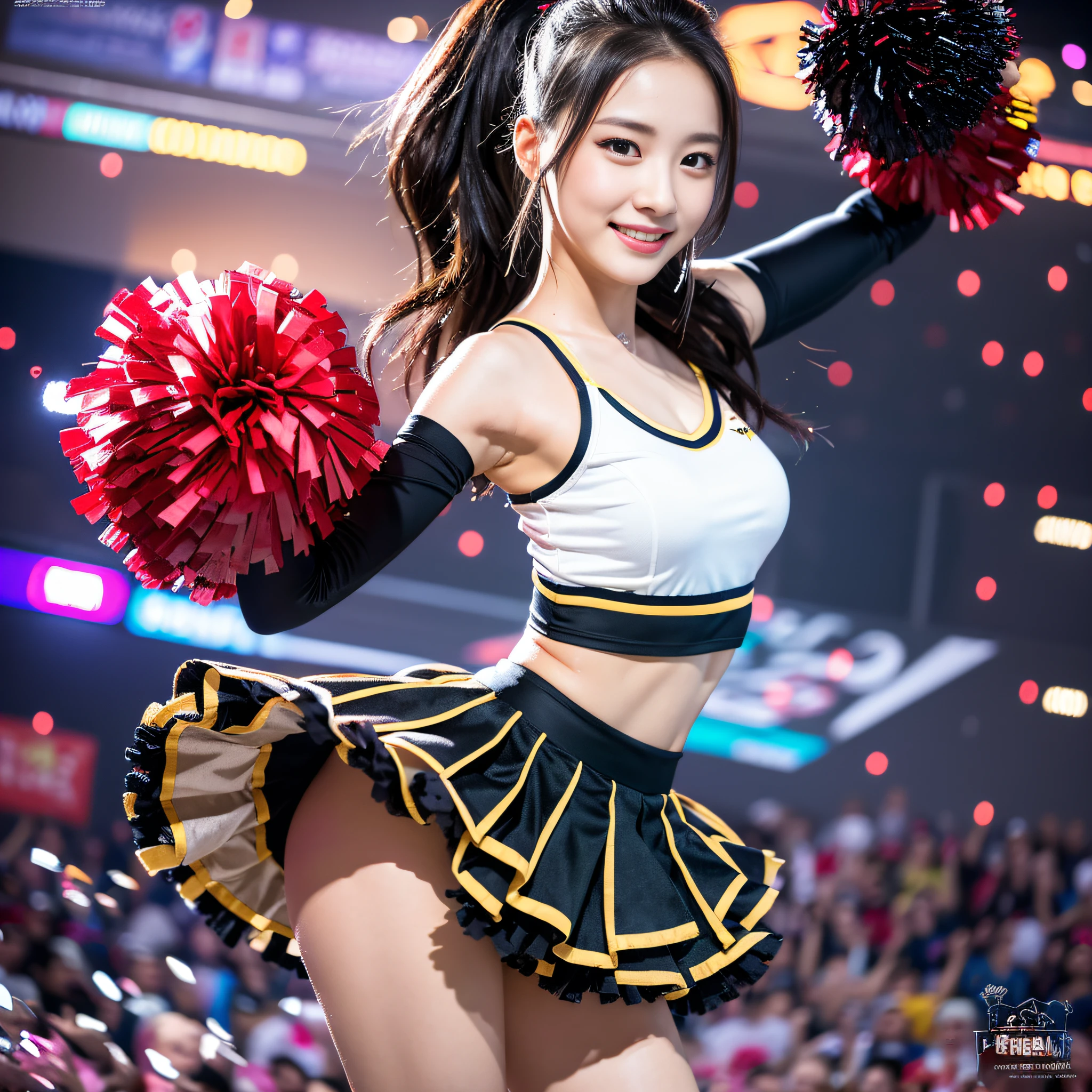 Lovely Japan woman of 20 years old, wearing black cheerleader costume, holding very big pom-poms in both hands, detailed hands, detailed fingers, detailed feet, detailed hips, detailed thighs, sexy smile, 4K, high resolution, masterpiece: 1.2, best quality, head: 1.3, glossy skin, sharp focus, night, stadium, artificial light, soft lighting, dynamic angle, ( Very detailed face: 1.2): 0.2, slender, small bust, mini ruffled skirt, heavy sweat, skin wet, dancing