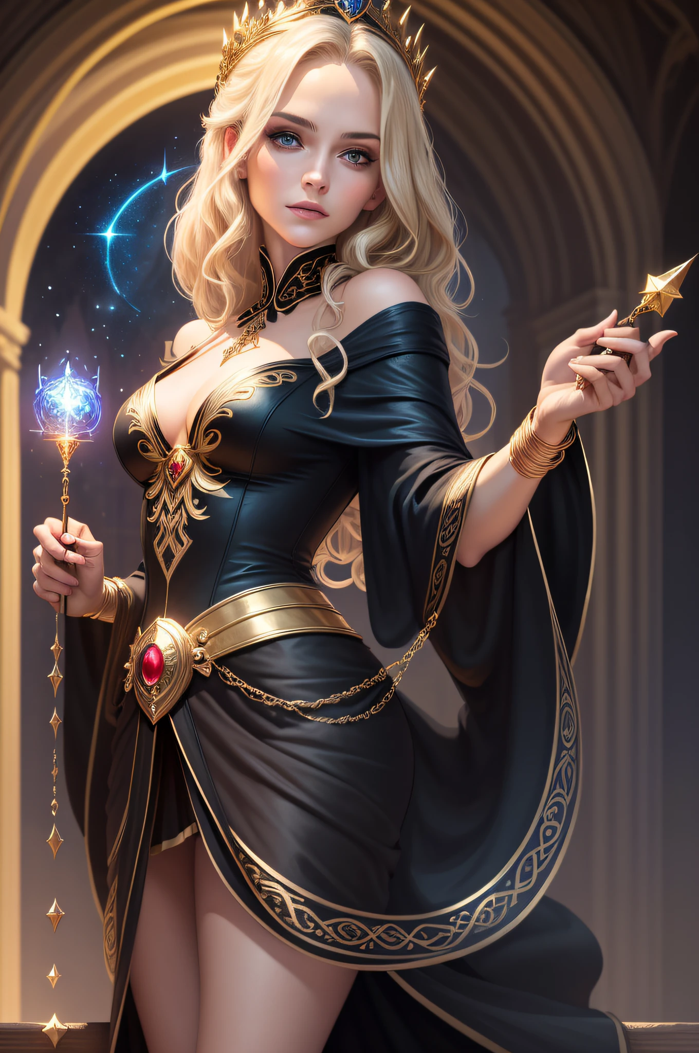 (masterpiece, best quality), beautiful woman, magician, sultry face, 1lady, solo, black elaborate wizard robe, short wavy blonde hair, blue eyes, elaborate palace balcony, casting a starry spell, wand in hand, gold bracelets