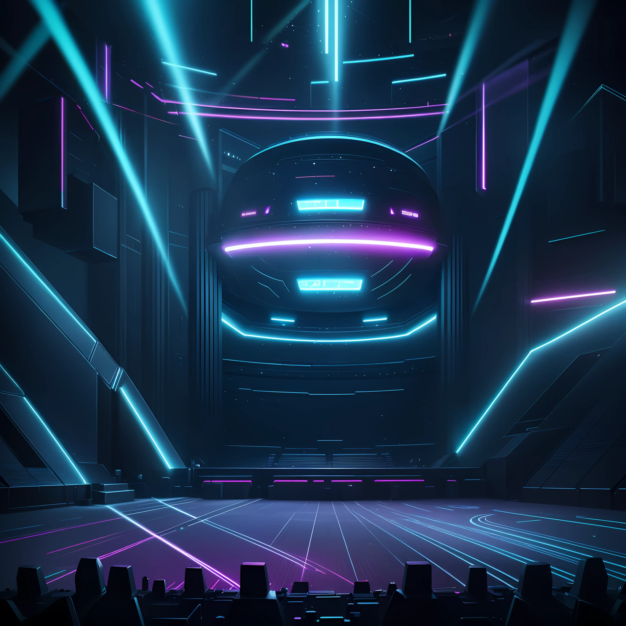 a dark stage with bright lights and a large square, futuristic setting, stage background, futuristic hall, futuristic sport arena, futuristic dramatic lighting, virtual set, stage lighrt, dramatic stage lighting, empty stage, stage at a club, futuristic room background, surreal sci fi set design, octagon render 8k, elaborate stage effects, in a futuristic arena, cyberpunk nightclub --auto --s2