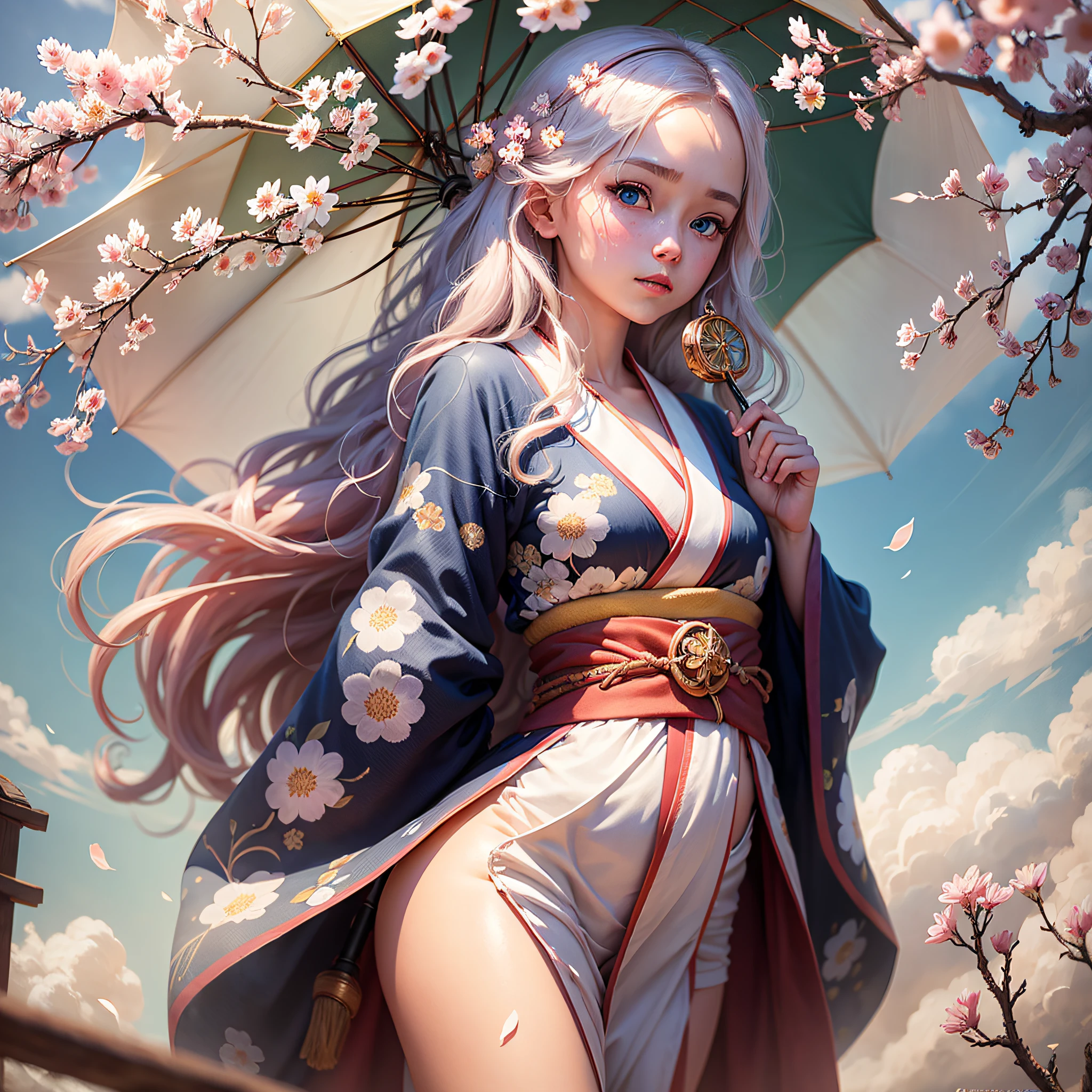 полное тело,full shot,sfw,a beautiful Russian girl with large bright blue eyes of the Nordic type with a perfect graceful figure and very long and fluffy wavy hair of wheat color stands against the background of blooming Japanese pink cherry blossoms in a Japanese kimono and Japanese shoes, the girl's kimono is transparent, a small breast with protruding shines through it, the girl has a white umbrella from the sun in her hands, the scene is highly artistic, High Detail, Clear Focus, Migjorni V5 Style, Hyper Photorealism, Perfect Proportions, Golden Ratio, Leonardo Davinci Artist Style, Photographer Jerry Gionis Style, Back Light, Outline, Sun Rays, Front Light Fill Soft, Soft Focus, Photo Monocle Style. --auto --s2
