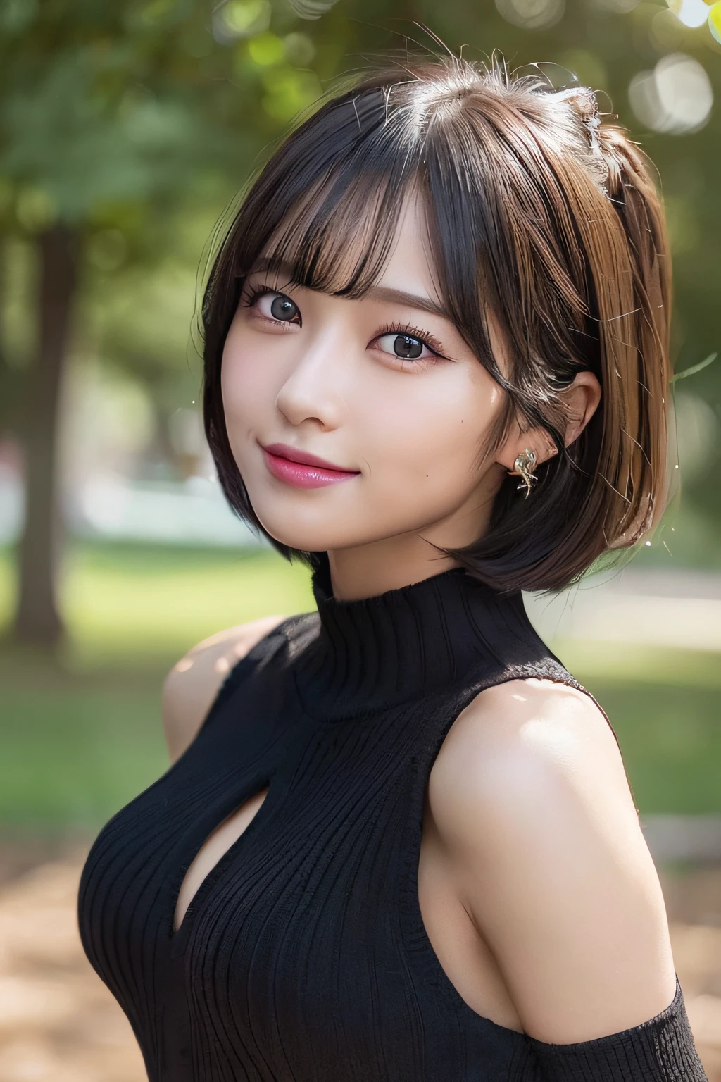 ((Best Quality:1.2, 8k, photo realistic:1.2, Masterpiece:1.2, super fine :1.2, a beautiful women, back light, Highly Detailed face Textures, detailed beauty makeup, realistic skin, detailed double eyelids, black eyes, detailed bangs)), ({{{ribbed sweater}}},bare arms, bare back,:1.2), (park background), (smiling), (detailed Brilliant shiny black on light hime cut hair), ((cowboy shot)), ((low angle shot))