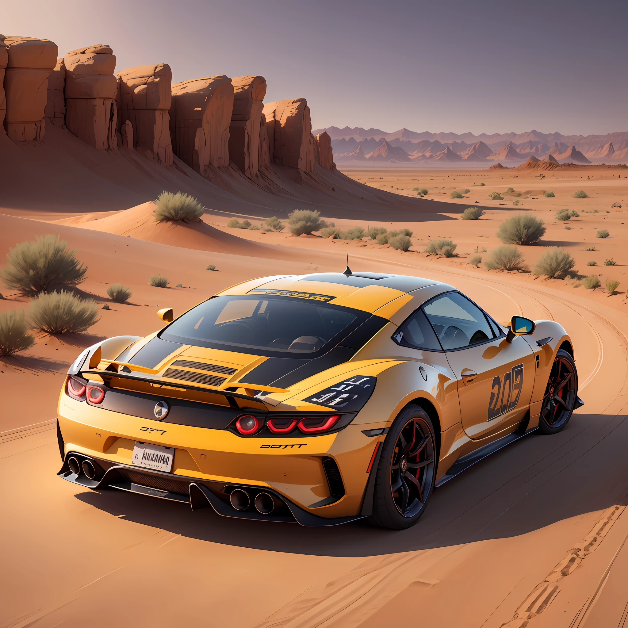 sports car in desert, vibrant, 8k, line art style, t-shirts, Arabic calligraphy --auto --s2