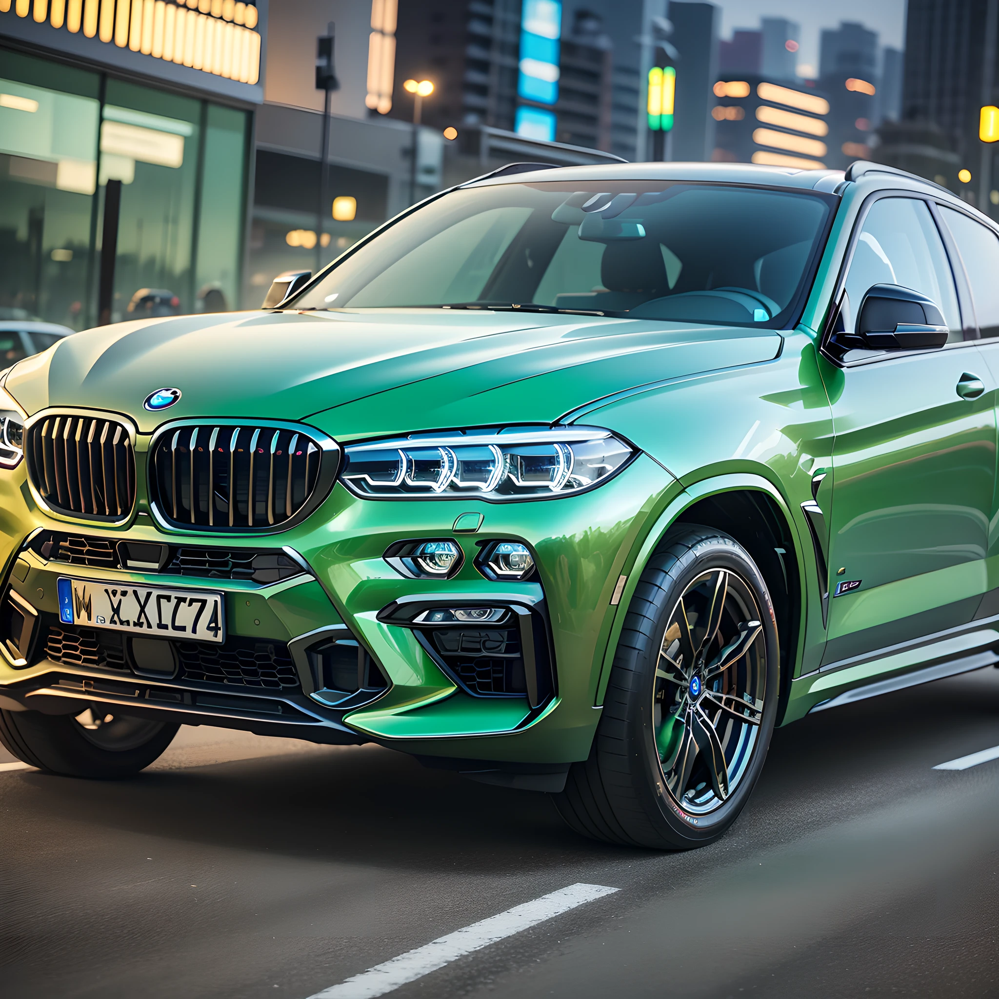 BMW X6, fluorescent green, extremely high image quality, ultra-clear, meticulous, city night view, bright lights, --auto --s2