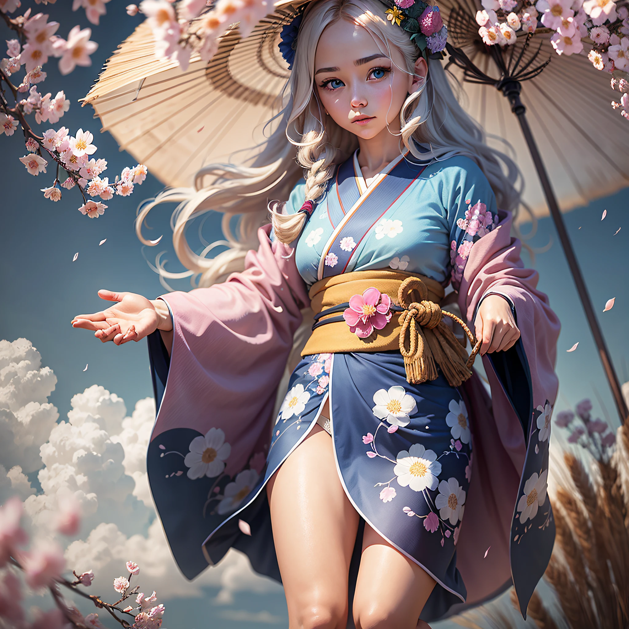полное тело,full shot,sfw,a beautiful Russian girl with large bright blue eyes of the Nordic type with a perfect graceful figure and very long and fluffy wavy hair of wheat color stands against the background of blooming Japanese pink cherry blossoms in a Japanese kimono and Japanese shoes, the girl's kimono is transparent, a small breast with protruding shines through it, the girl has a white umbrella from the sun in her hands, the scene is highly artistic,  High Detail, Clear Focus, Migjorni V5 Style, Hyper Photorealism, Perfect Proportions, Golden Ratio, Leonardo Davinci Artist Style, Photographer Jerry Gionis Style, Back Light, Outline, Sun Rays, Front Light Fill Soft, Soft Focus, Photo Monocle Style. --auto --s2