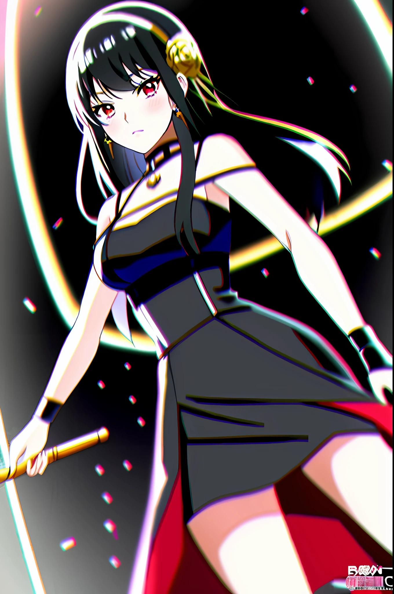 Yor Briar, 1girl, anime girl in black dress, 1 7 years old - anime gothic girl, detailed doujin art, high quality fan art, is a slim and cute anime woman in beautiful clothes, she wears black dress, official fan art, tifa lockhart bare shoulders, black skirt, black hair, breasts, shut up, skirt, earrings, flowers, hair flowers, hair accessories, hair bands, jewelry, medium chest, long hair, looking at the audience, red eyes, side hair, sleeveless, solo, upper body, black background,((Masterpiece))