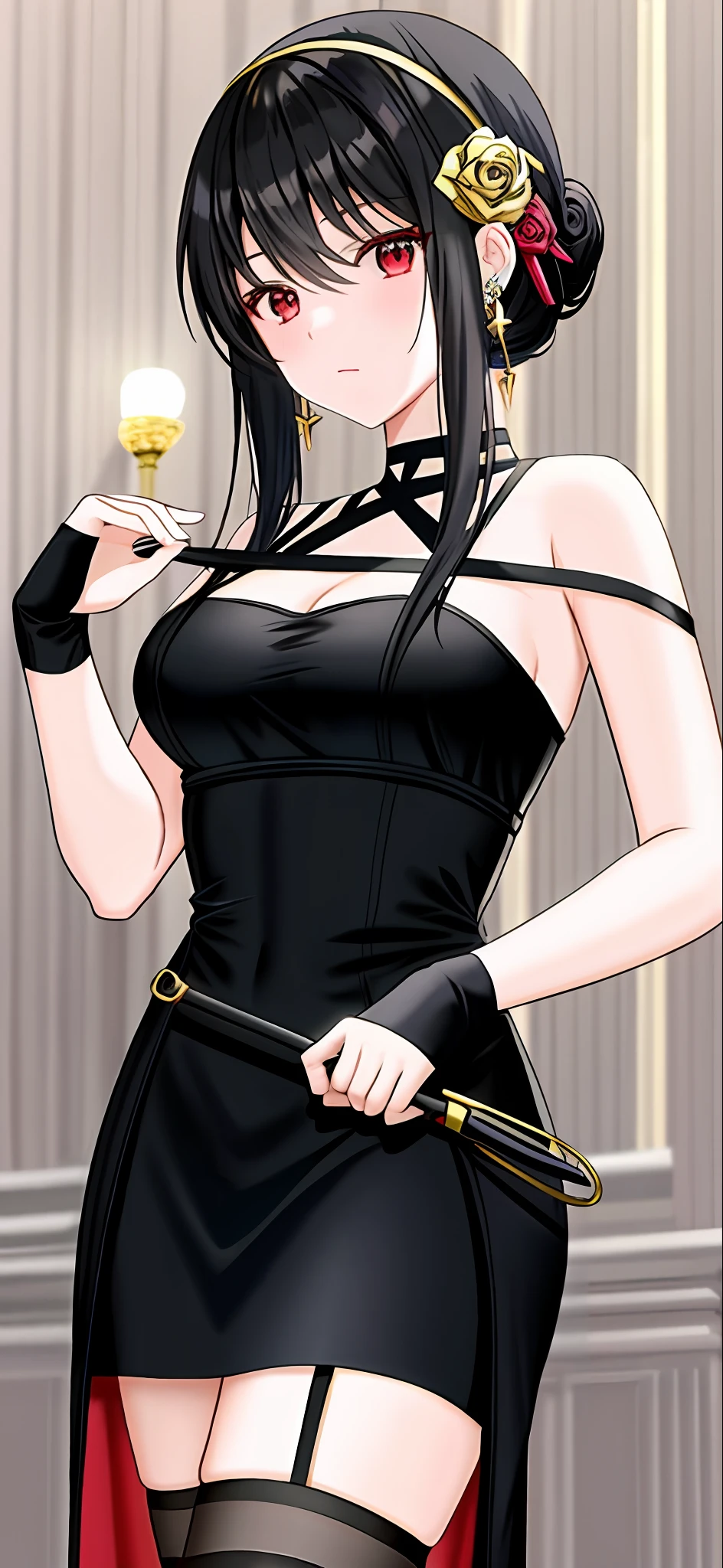 Yor Briar, 1girl, anime girl in black dress, 1 7 - anime gothic girl, detailed doujin art, high quality fan art, is a slim and cute anime woman in beautiful clothes, she wears black dress, official fan art, tifa lockhart bare shoulders, black skirt, black hair, breasts, shut up, skirt, earrings, flowers, hair flowers, hair accessories, hair bands, jewelry, medium chest, long hair, looking at the audience, red eyes, side hair, sleeveless, solo, upper body, black background,((Masterpiece))