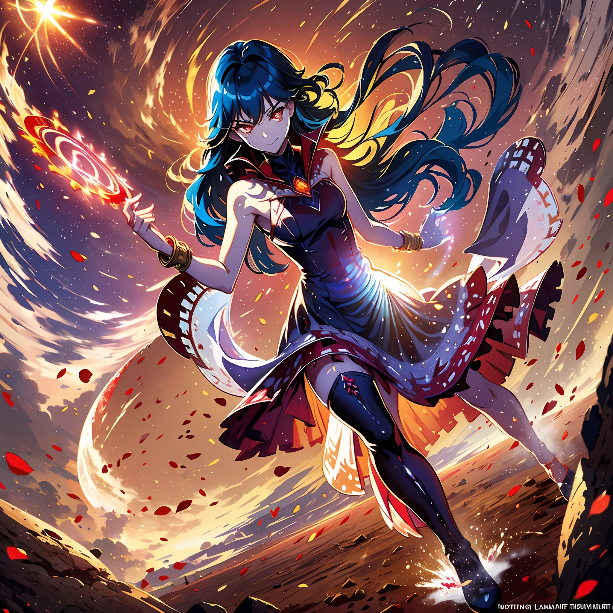 1girl, full body, evil grin, loli, blood, small breasts, (deep blue hair), holding a large spear, (Fighting stance), dynamic angle, (Twisted torso), red eyes, black thigh boots, cinematic lighting, masterpiece, best quality, from below, depth of field, extremely detailed, magic circle, casting spells, yellow power, dramatic angle, Blood drop, Blood fog, Splashing blood, (Flying red petals), (Bloodstain), in a desert, (surrounded by heav floating sand flow and floating sharp_stones:1.15), (messy long hair), (golden bracelet), (sunset), lens flare, light leaks, white gown, (sandstorm)