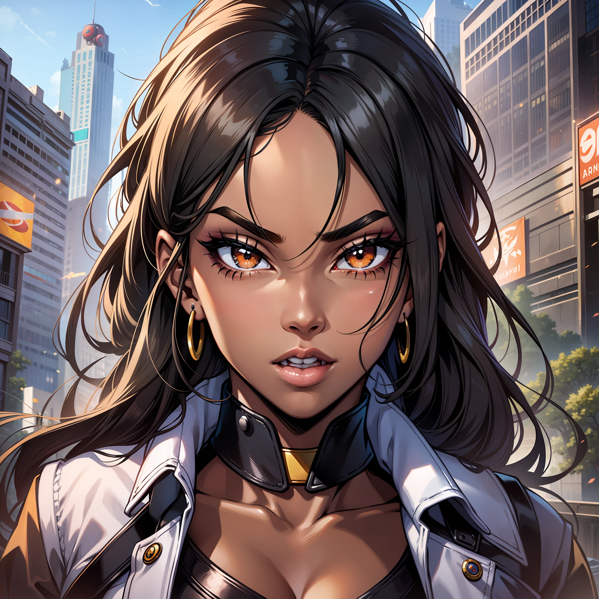 (a young woman:1.2)| (a girl:1.1), dark skin, portrait, makeup, super detailed, Dragon Ball Z style, city, straight look, contoured.