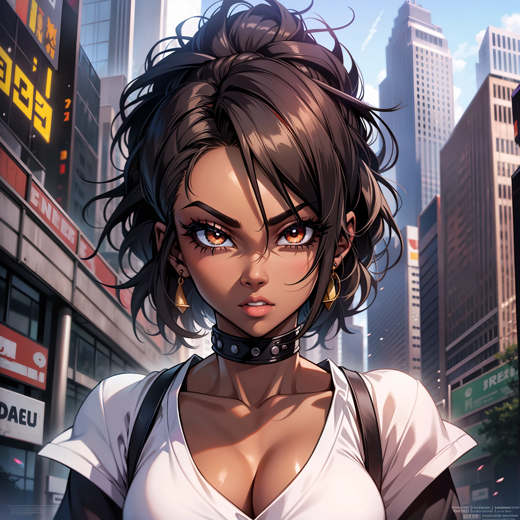 (a young woman:1.2)| (a girl:1.1), dark skin, portrait, makeup, super detailed, Dragon Ball Z style, city, straight look, contoured.