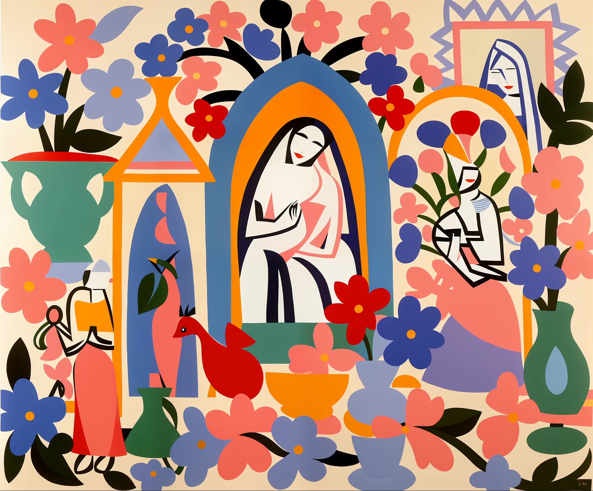 painting of a woman in a mirror surrounded by flowers and vases, by Tarsila do Amaral, inspired by Mary Blair, by Natalia Goncharova, by Stuart Davis, by Mary Blair, naive art, pablo picasso painting, by Henri Matisse, inspired by Tarsila do Amaral, folk art, by Gino Severini, christian saint