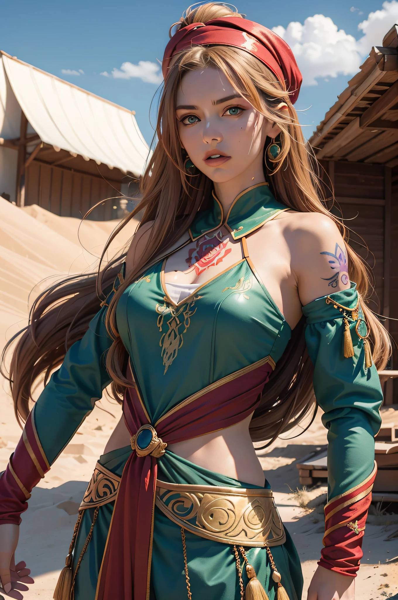 Concept art, wisps of overhead angle, green eyes, caramel hair styled for long hair, fluorescent purple headband, exotic, wearing exotic red clothing, tattoos on the body, gold thread decoration on the clothes, desert in the background, blue sky and white clouds, red turban on the head, clothes made of red gauze, equirectangular columnar 360, high resolution, [(Willie Baumeister's art: 1.1), (John T. Biggs' art: 1.2): :17], official art, Unity 8k wallpaper, Ultra-detailed, aesthetic, masterpiece, best quality, realistic