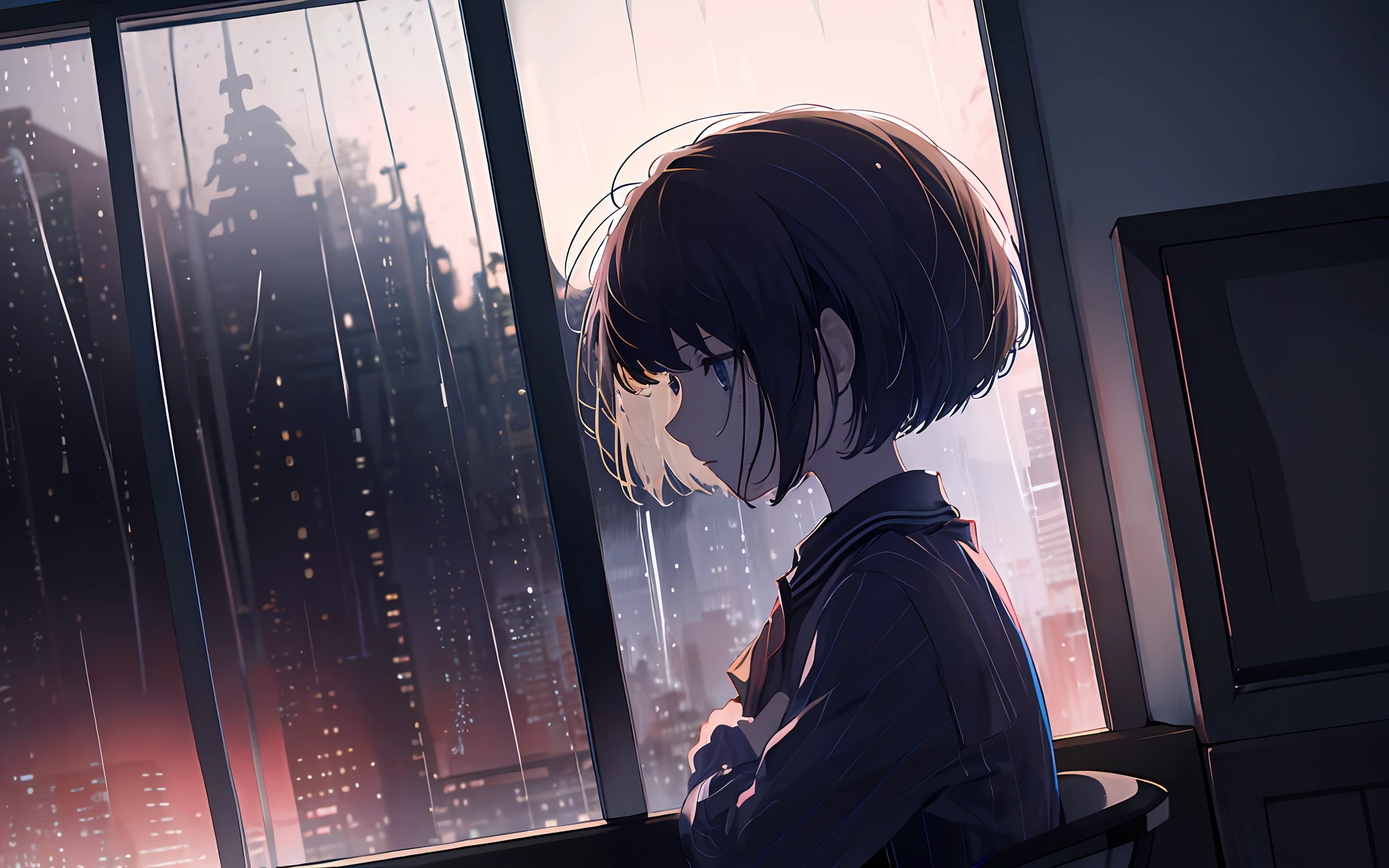 Profile of girl sitting on chair, eyes hidden in hair, sad expression, indoors, rain outside the window, bob cut, art station trend, 8K resolution, high resolution, anatomically correct, clear image, digital painting, concept art, pixiv trend, style Makoto Shinkai,