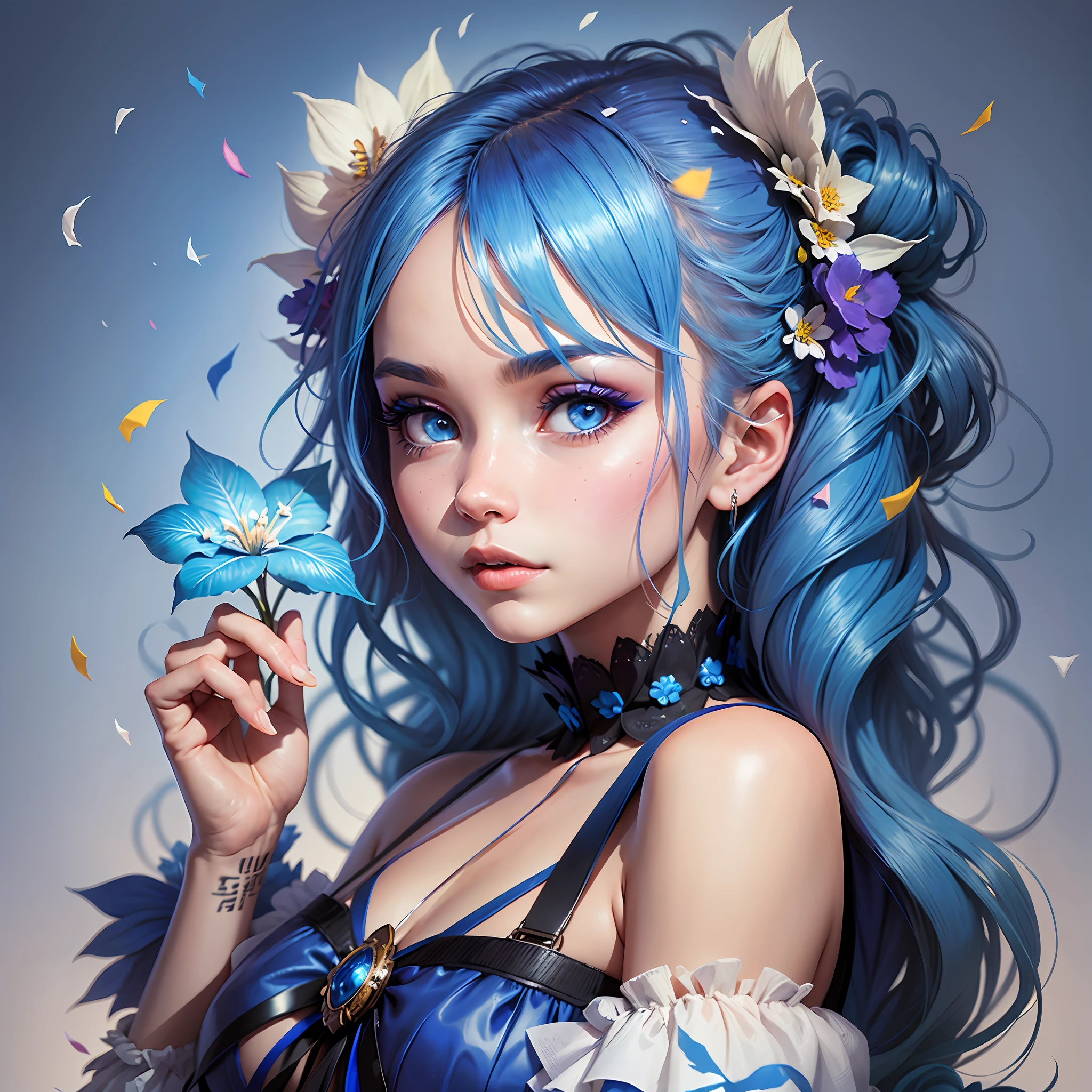 A girl with blue hair and makeup holding a flower in her hand, blue background with confetti, high quality --auto --s2