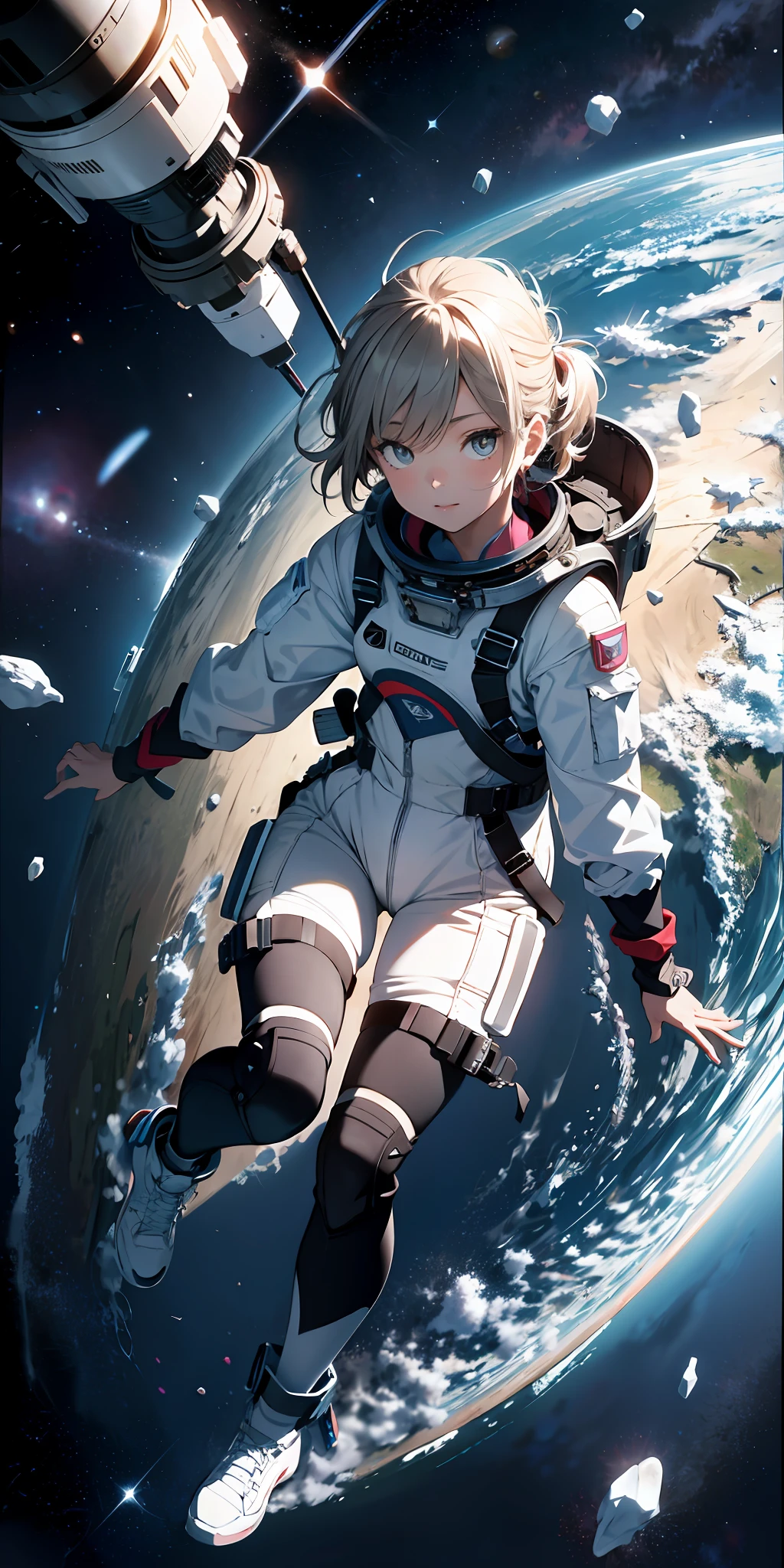 Absurd resolution, high resolution, (masterpiece: 1.4), super detail, girl one, from above, space, floating, spacesuit