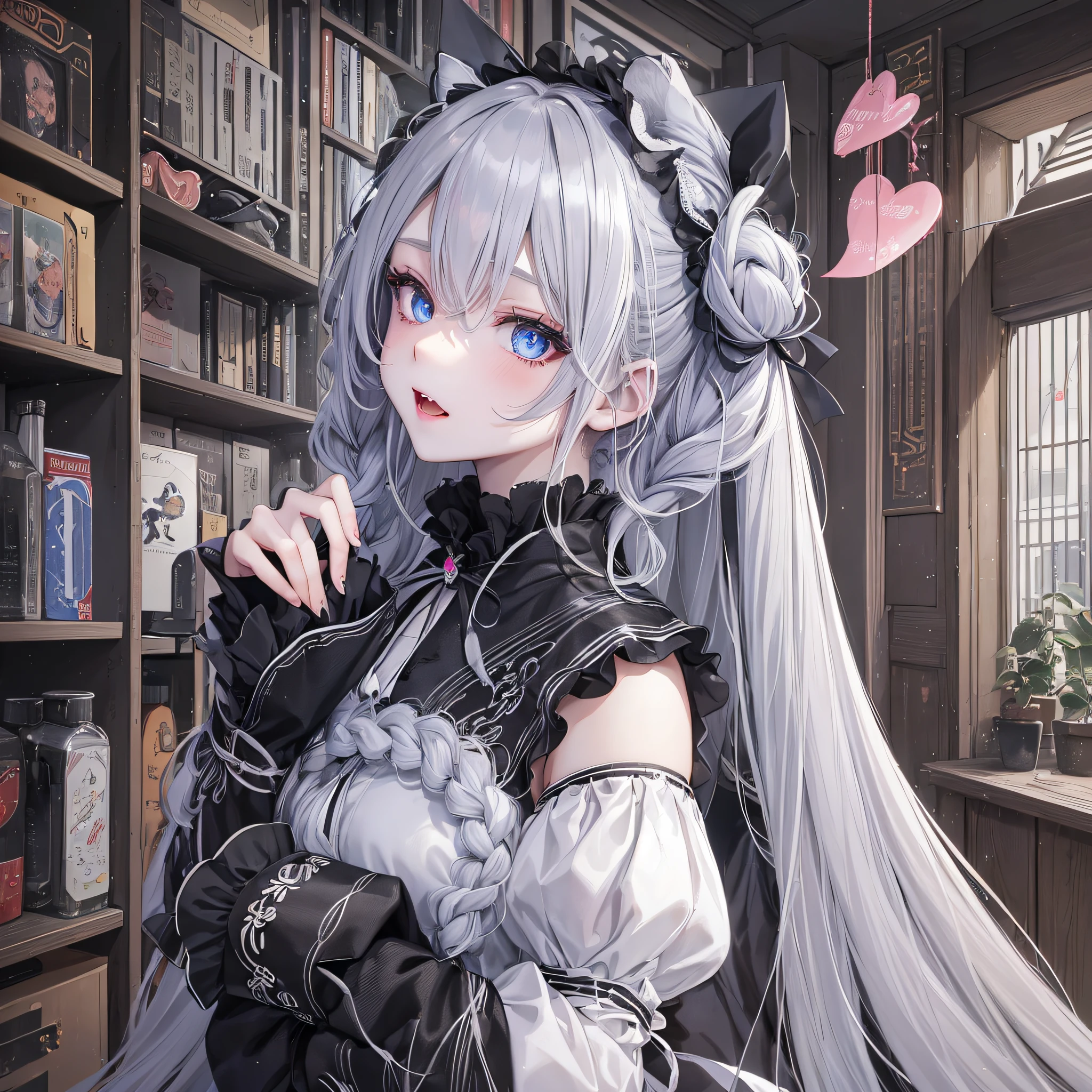 1 girl, big, kyonshi, long gray hair, pale skin, heart-shaped light blue eyes, fangs, abnormally long braids, black cat ears, --auto --s2