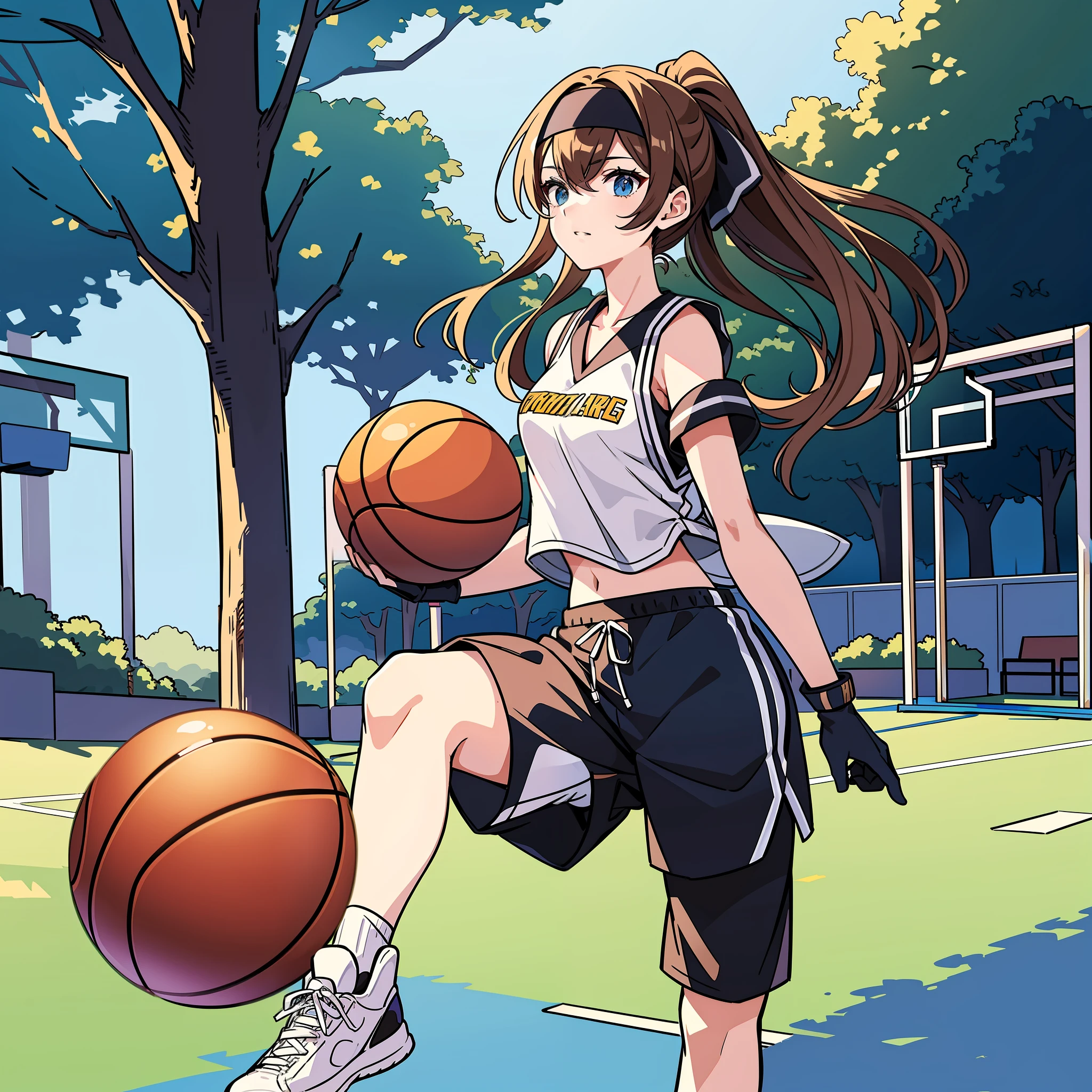 prompt:outdoors,Basketball Court,(masterpiece), top quality, best quality, official art,((masterpiece)), best quality,photorealistic,,fashionable,girl,full body,solo,Playing basketball, gloves, headband,Blue sweatpants, ponytail,pants,black gloves, long hair, Red basketball shirt,brown hair, midriff, jewelry, white socks, white footwear, rope,