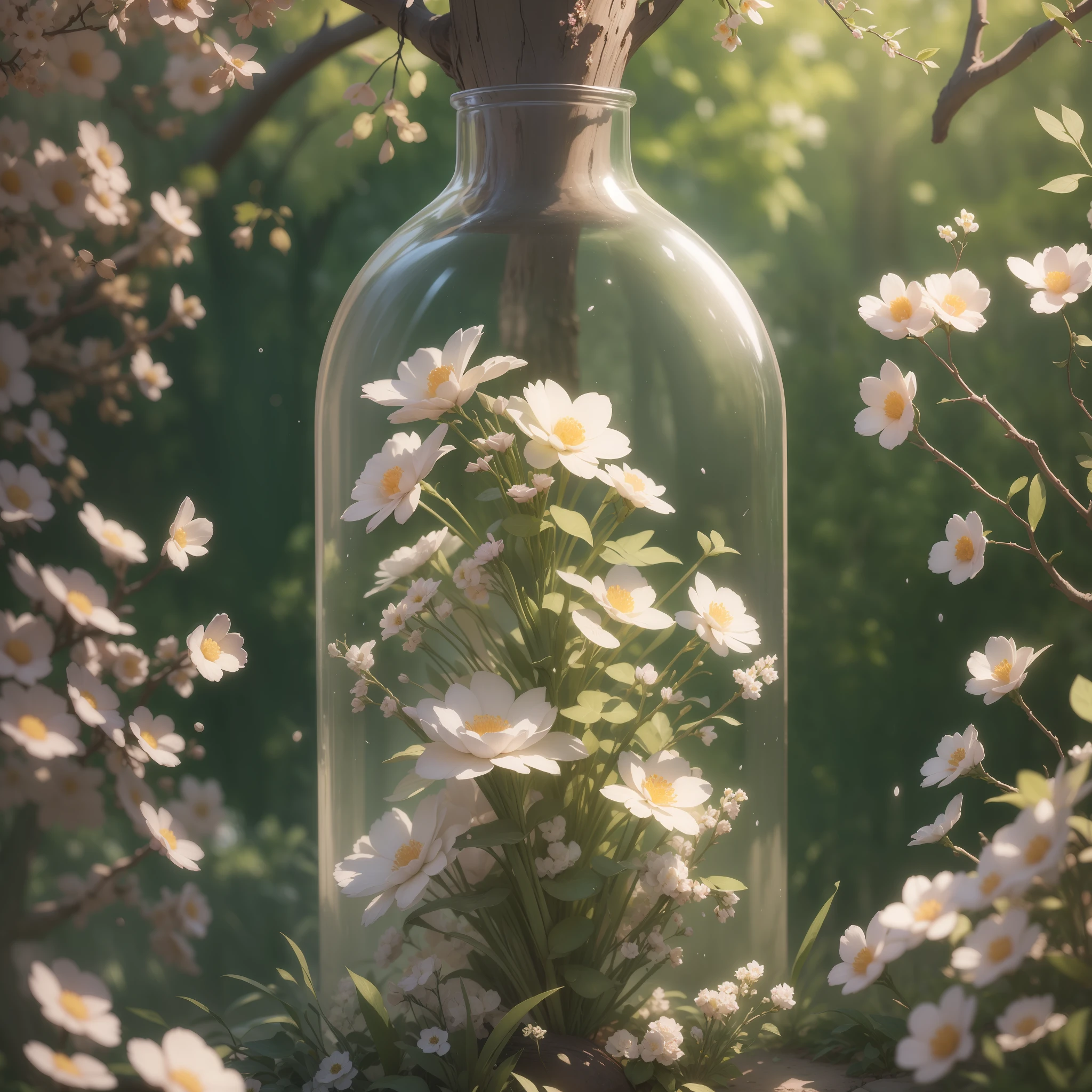 A dreamy tree of art in a bottle, fluffy, realistic, photographs, Canon, dreamy, artistic, brilliant leaves and branches, with flowers above my head. Greg Rutkowski's Ultra Detailed Photo Realism - H1024W 804 | F16 Lens Markers 2:2S 3555mm Film Particles: 1 Lifelike High Resolution Sharp Focus Contrast!! Intricate and detailed atmospheric refractive lighting of Unreal Engine 5 movie concept photography masterpiece Octane renders trends on CGSociety