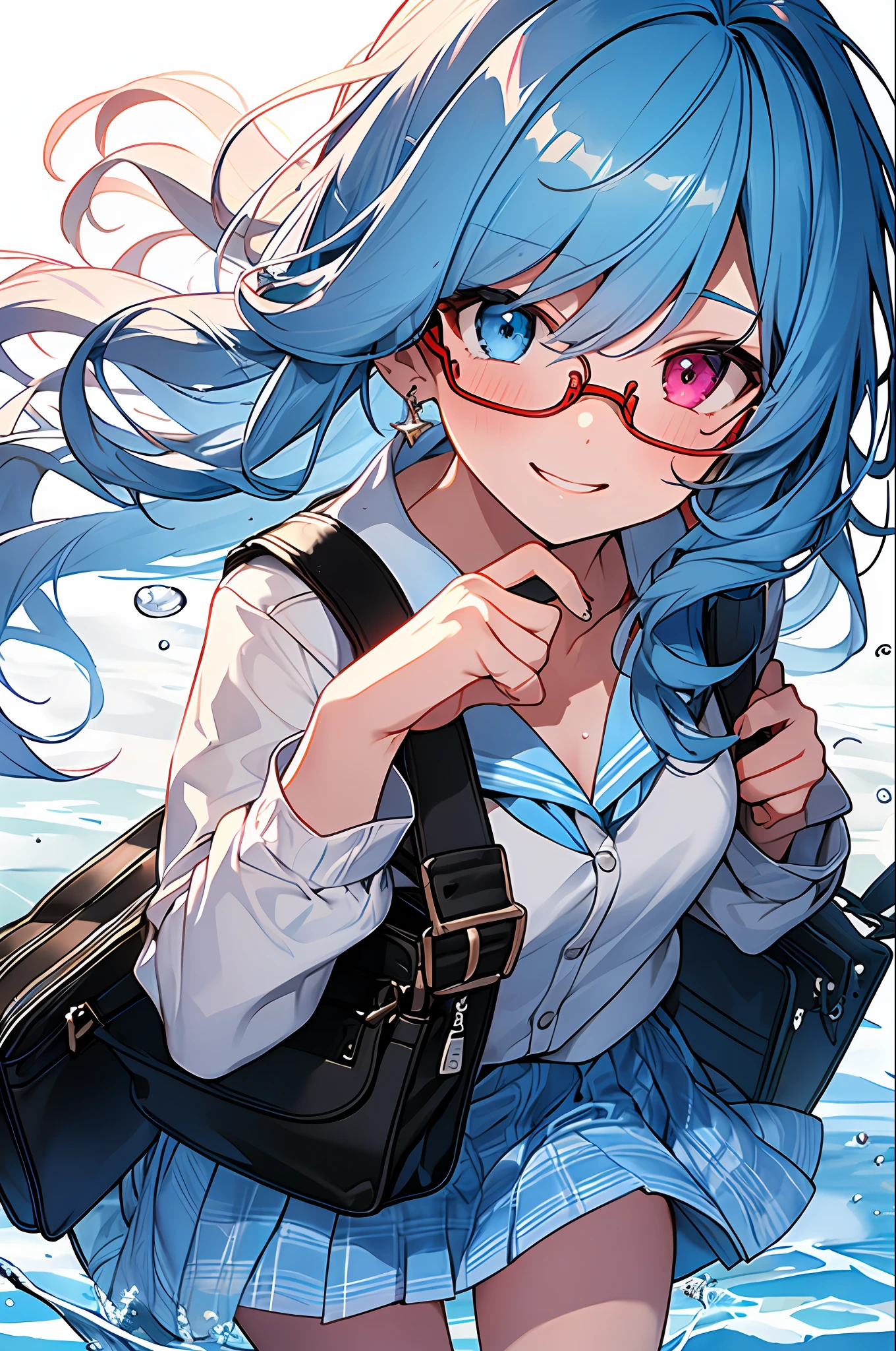 (Masterpiece, Best Quality, Best Quality, Watercolor (Medium), Official Art, Beautiful and Aesthetic: 1.2), (1 Girl: 1.3), (Fractal Art: 1.3), Full Body, Star-shaped Pupil, Viewer's Look, Pattern, (Blue Hair, Light Blue Hair, Half Blue and Half Light Blue Hair: 1.2), Water, Liquid, Cloud, Colorful, Sun, Sunlight, Cheeks Red, Smile, Glasses, Heterochromia, (Colorful: 1.5), Wet, School Uniform, (1 student bag)