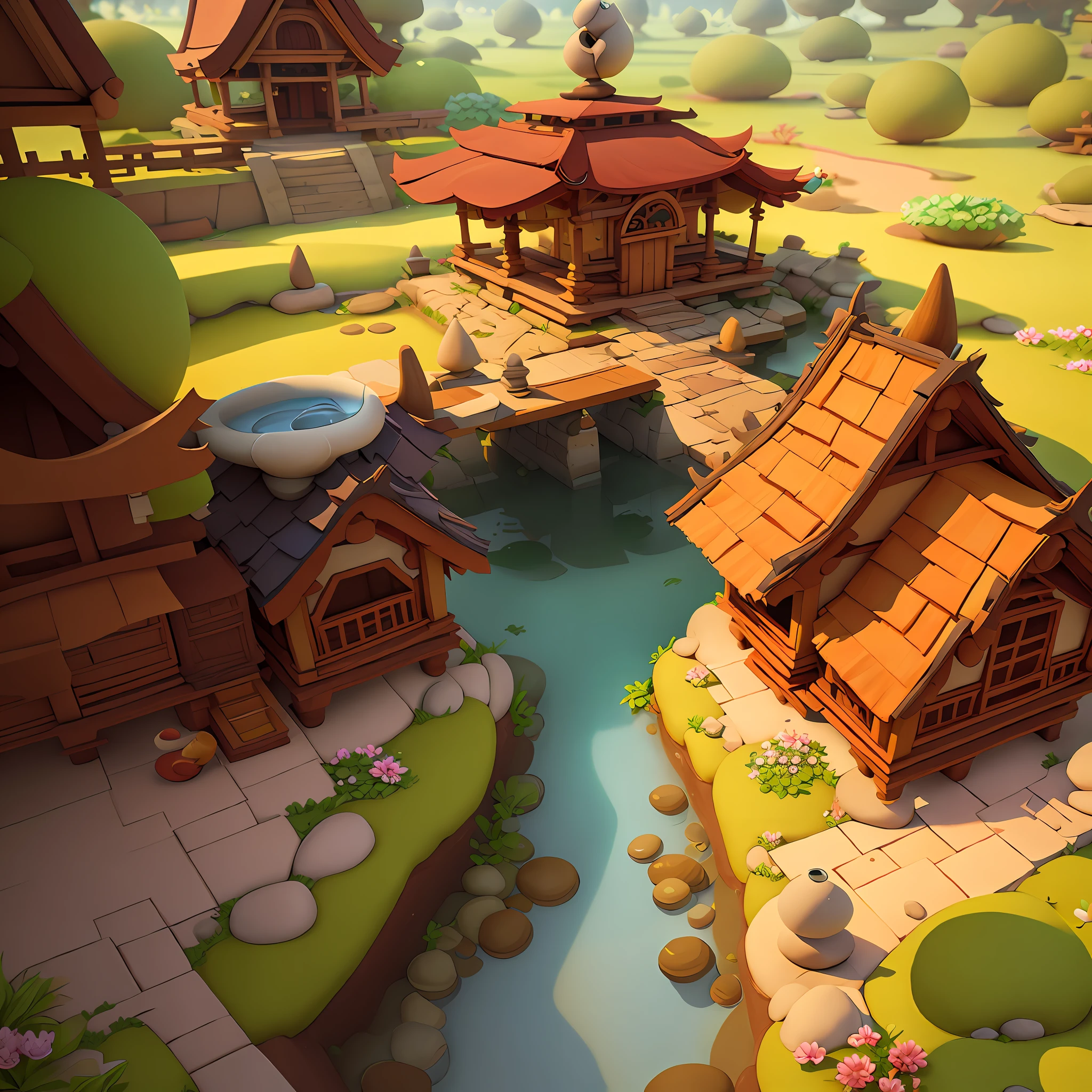 Masterpiece, best quality, cartoon, Pixar style, super simple design, mini scenes, ancient Indonesian architecture, ancient courtyard, clear pond, small bridge, trees, flowers, 3D, blender