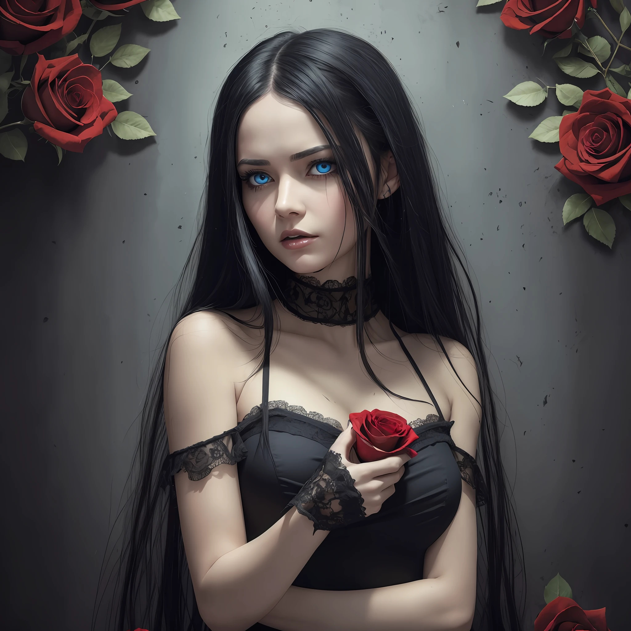 Top quality, best quality, dark, horror, terror, agony, real photo, woman with real skin, realistic, real woman, real woman, american woman, black hair, blue colored eyes, with a short, dirty and torn black dress, holding in her hands red roses. --auto --s2