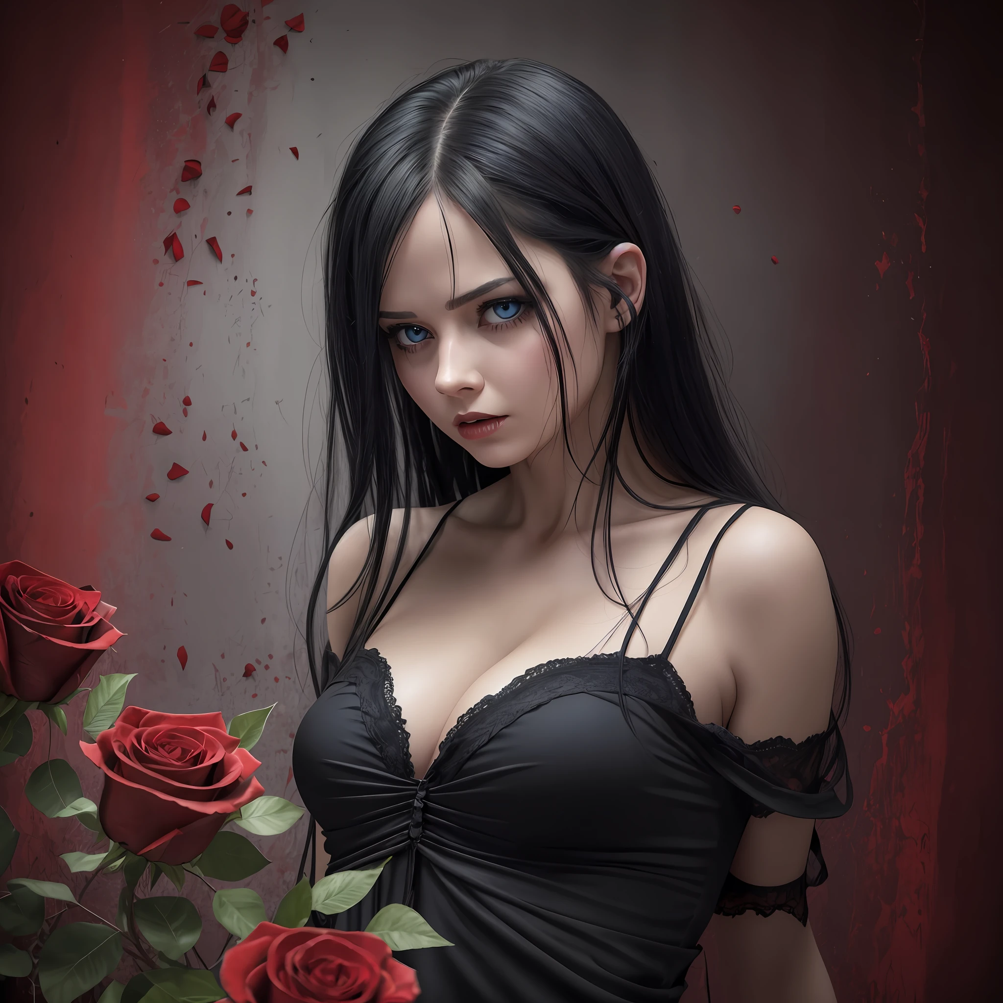 Top quality, best quality, dark, horror, terror, agony, real photo, woman with real skin, realistic, real woman, real woman, american woman, black hair, blue colored eyes, with a short, dirty and torn black dress, holding in her hands red roses. --auto --s2