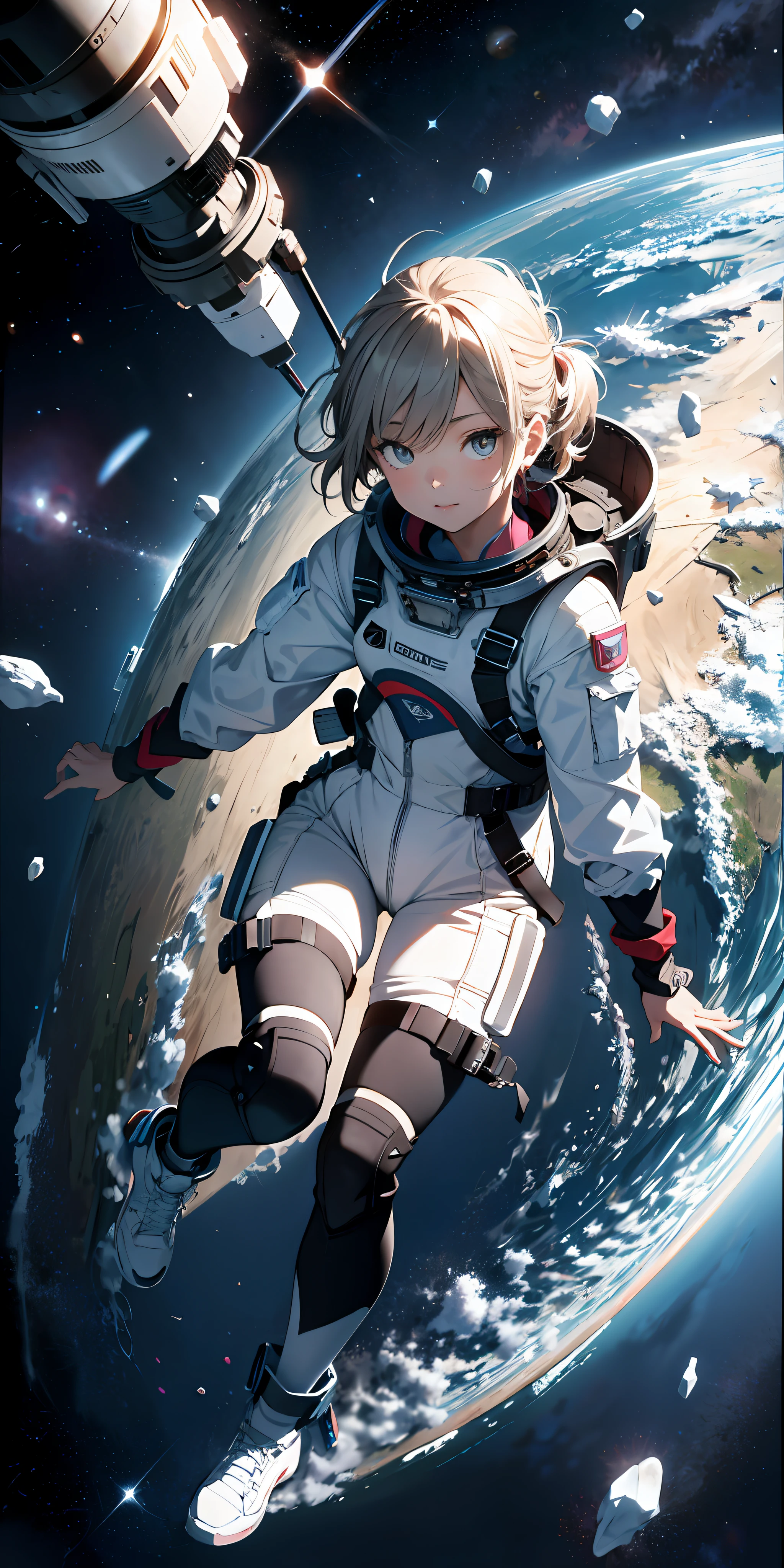 Absurd resolution, high resolution, (masterpiece: 1.4), super detail, girl one, from above, space, floating, spacesuit