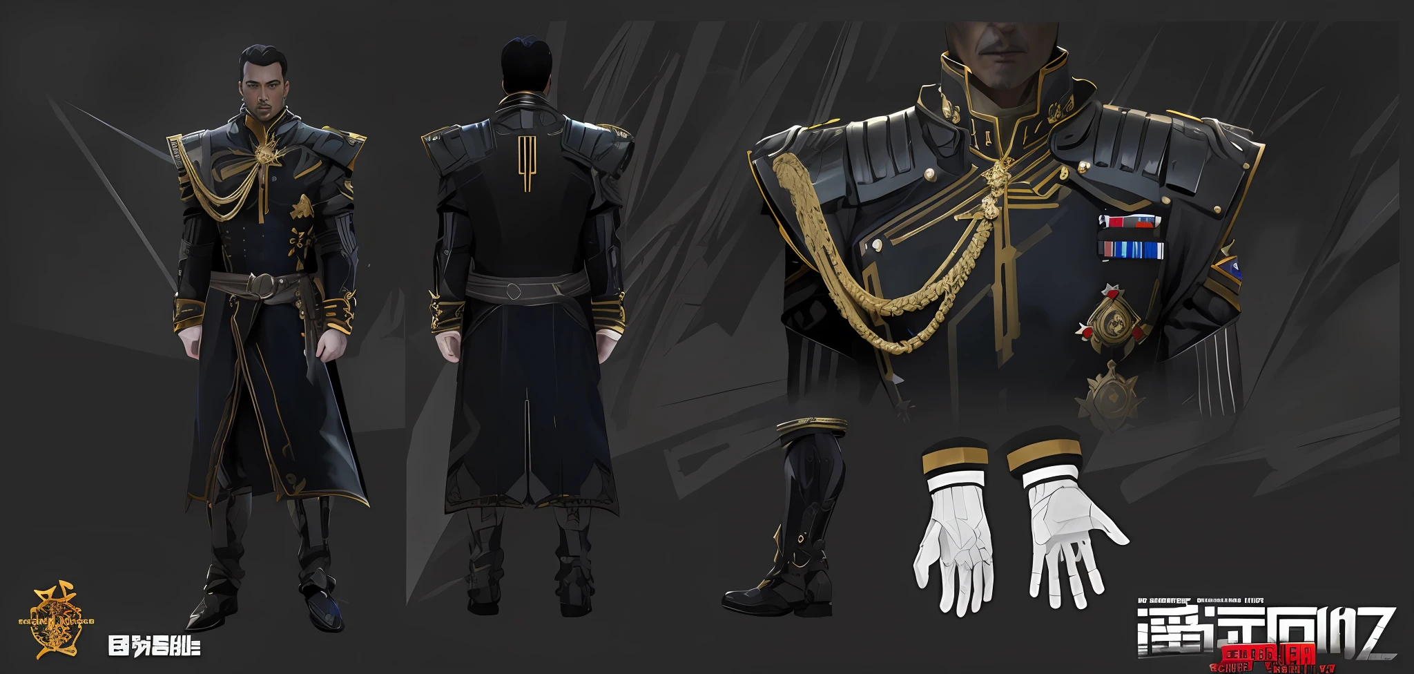 Science fiction movie stills, in science fiction movies, 4K movie stills, close-up of a man in uniform, with sword, gilded black uniform, expert high detail, black armored uniform, detailed full body concept art, new costume concept design, avant-garde uniform, high detail rendering, costume design, detailed full body characters, clear costume design, masterpiece 3D characters, 3D armor, official 3D rendering