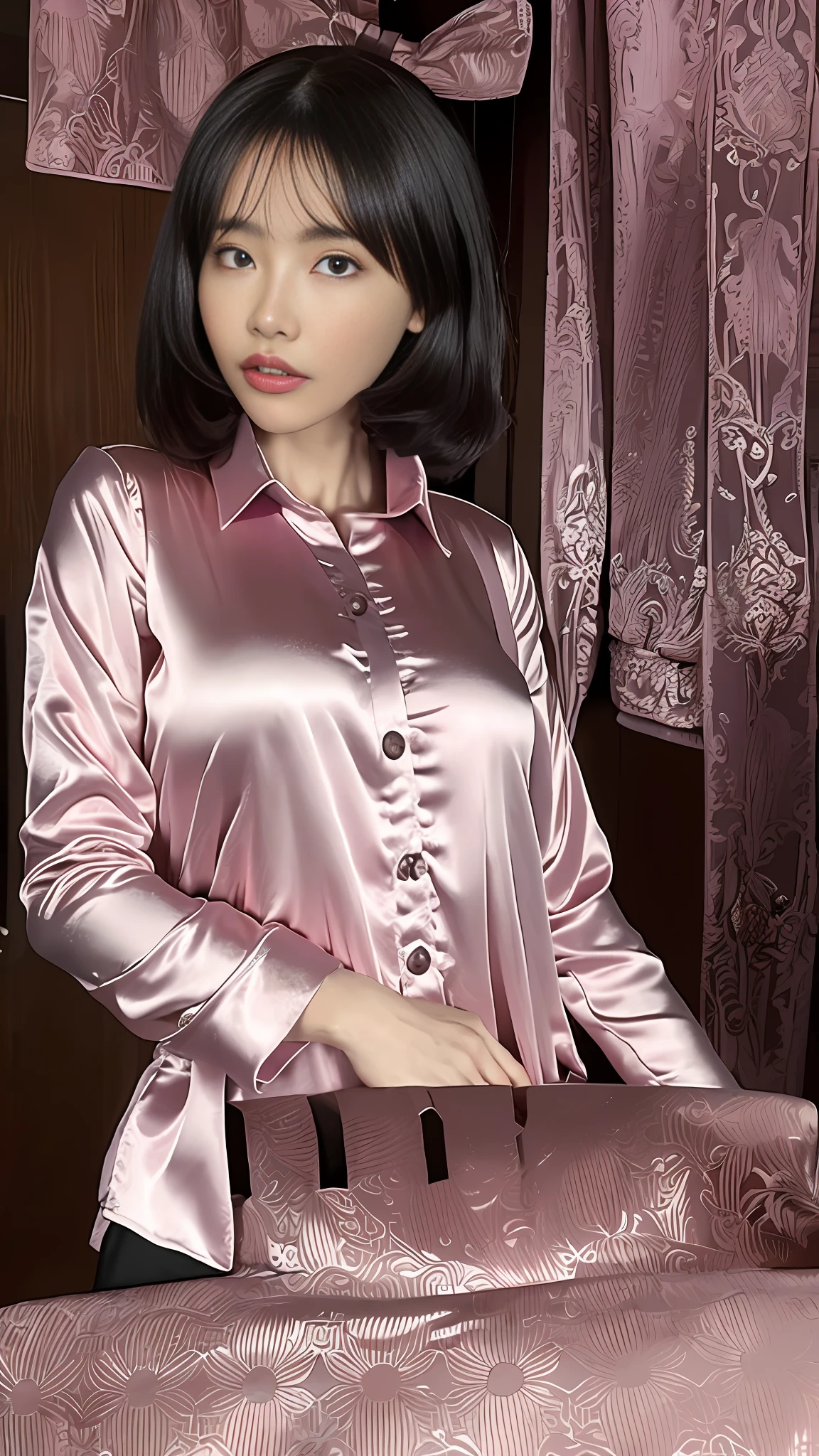 The highest quality, the highest image quality, the highest resolution, ultra-detailed, wear a satin wrench coat, the material of the satin wrench coat and satin blouse is shiny, soft and smooth to the touch, the buttons of the satin wrench coat are large, the buttons in front of the satin wrench coat are fastened, and the underwear is not worn, the collar of the satin blouse must be taken out of the satin wrench coat, Body-fitting satin blouse, chest is C cup, Japan fashion model, full body shooting so that the face also enters, one beauty, the location is the hotel bedroom, the eyes are clear double, wet lips and appeal,