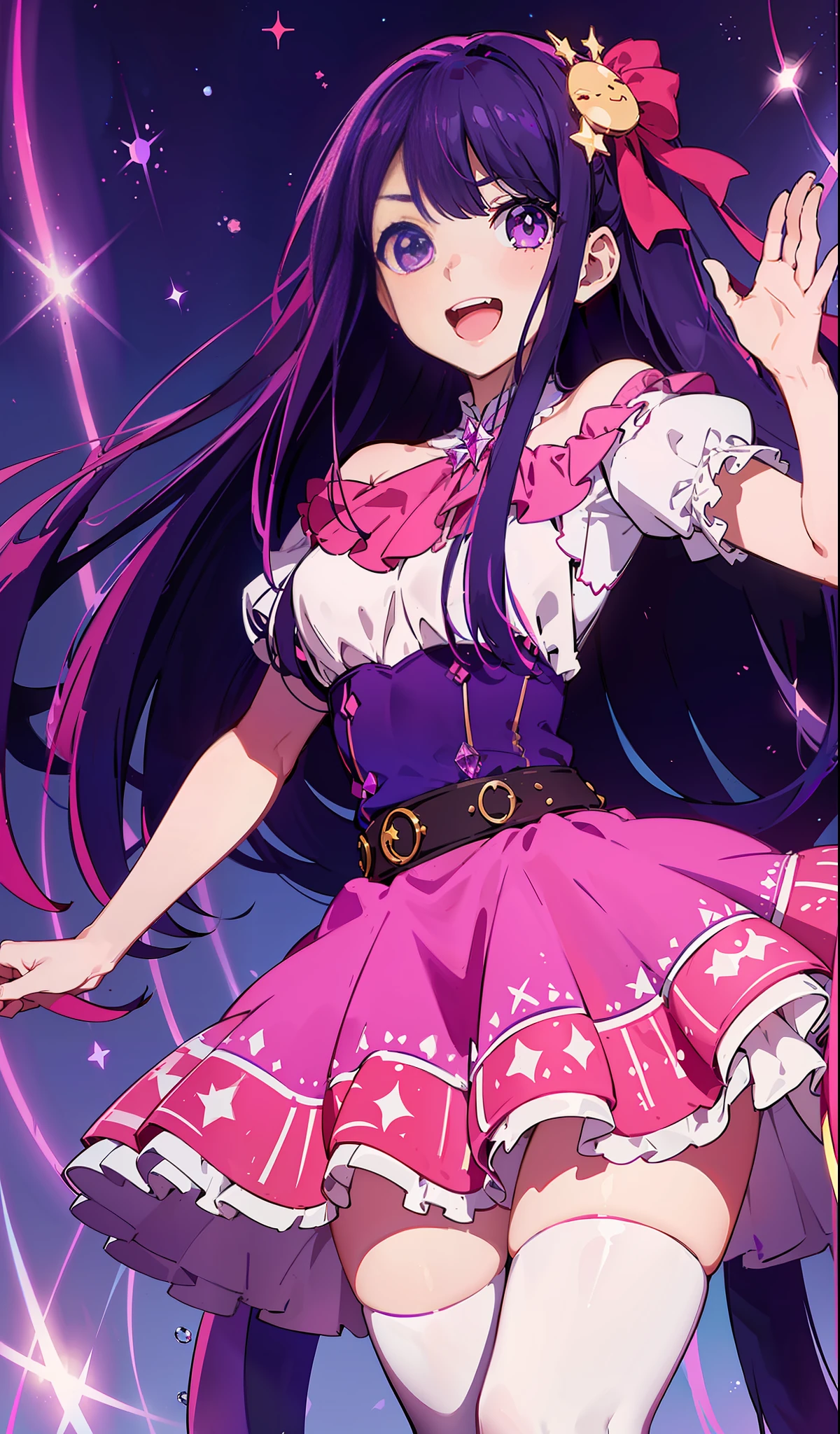 （1 Girl: 0.6) Ai Hoshino, girl with long hair holding a magic wand and purple dress, purple albedo, anime moe art style, (movie quality: 0.3), anime girl, singer, purple eyes, magical girl, zero sauce art, magical girl anime majo, white shirt, purple long hair, (stockings), (star pupil: 1.5), (delicate facial features: 0.6), head decoration, (delicate hands: 0.9), white dress, (big eyes: 0.5), singing, smiling, stage lighting, standing, high heels, (pattern decoration on head), normal head, (tall long legs: 0.8), (long purple hair: 0.5), (shawl scatter), (diamond shine: 0.9), (crouching), (bright smile: 0.9)