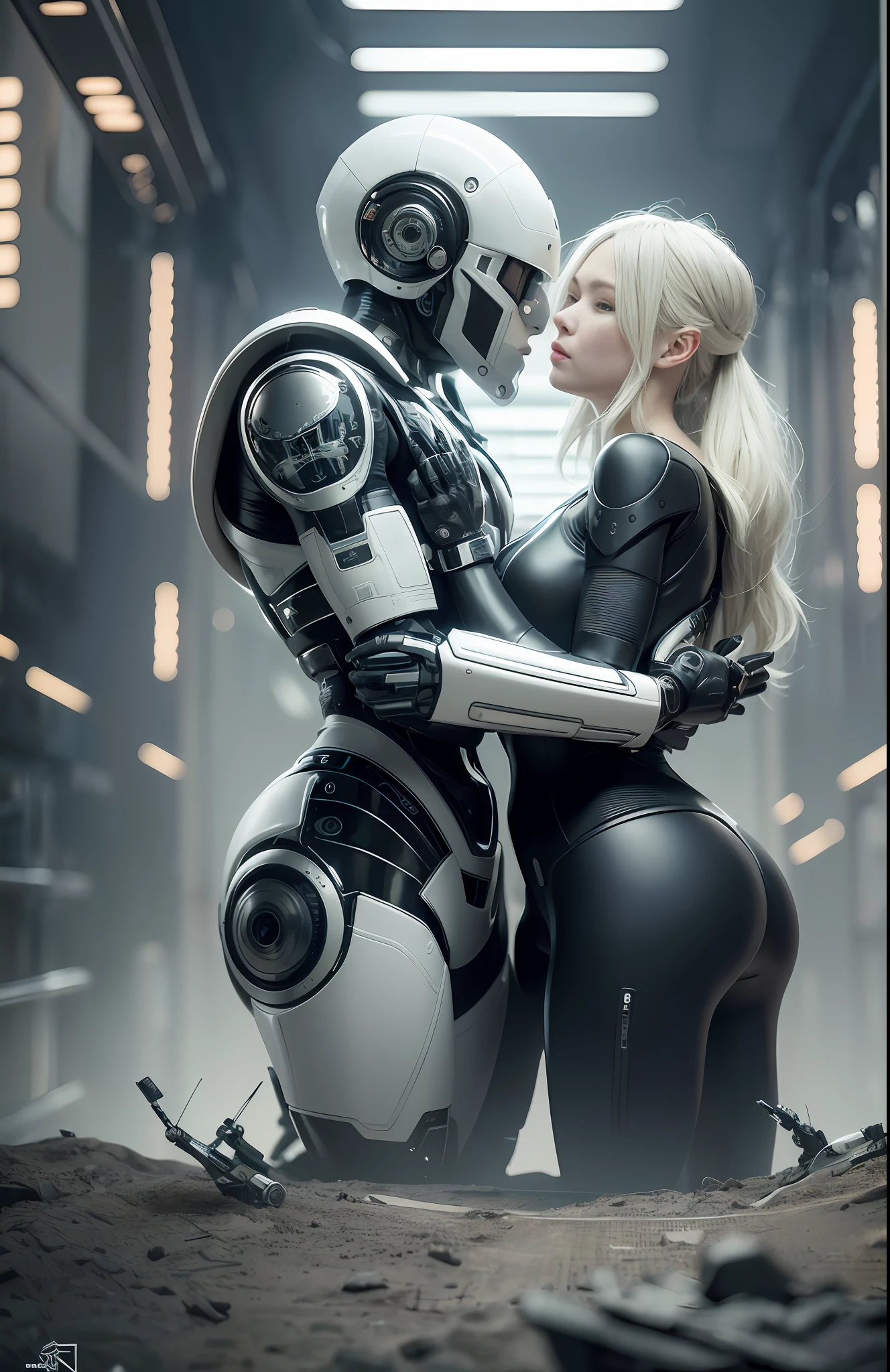 A 25 year old realistic real man in jacket clothes and a female robot passionately lingering hugging and kissing, complex 3d rendering very detailed beautiful ceramic silhouette female robot face, robot, robot parts, 150mm, beautiful studio soft light, edge light, vibrant details, luxurious cyberpunk, lace, surrealism, anatomy, facial muscles, cable wire, microchip, elegant, beautiful background, octane rendering, HR Giger style, 8k, best quality, masterpiece, illustration, very refined and beautiful, very detailed, CG, unified, wallpaper, (realism, realism: 1.37), amazing, fine detail, masterpiece, best quality, full body,