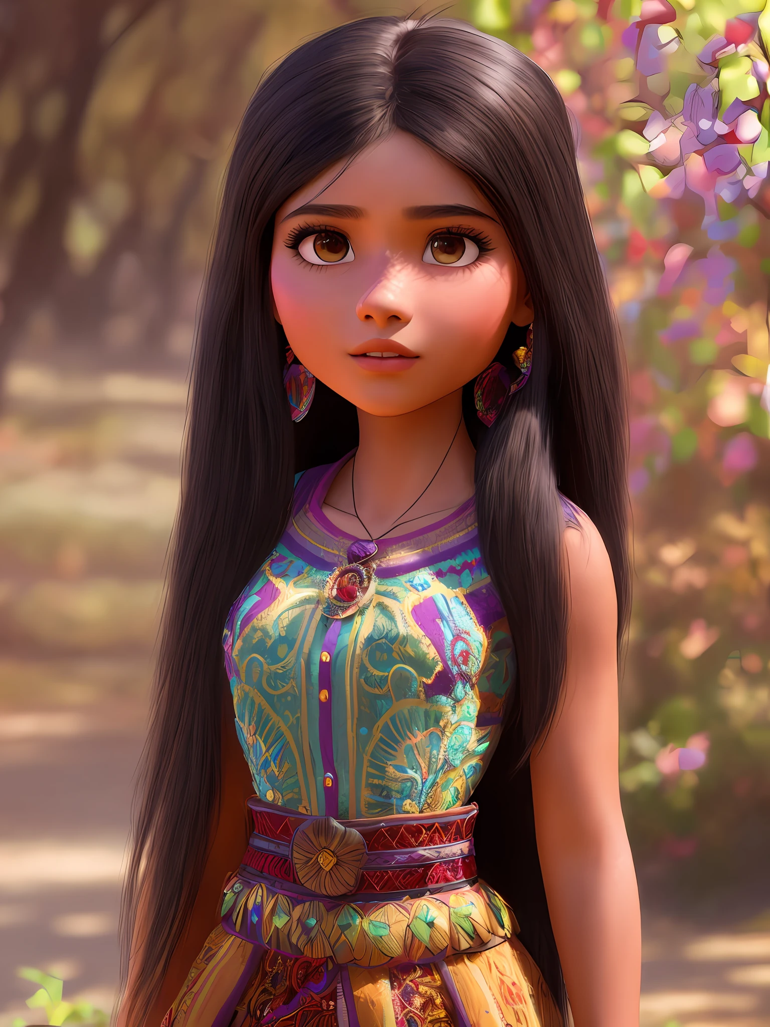 (Pixar style) A waist-high portrait of a Mexican girl with long hair, natural skin texture, 4K textures, HDR, intricate, highly detailed, sharp focus, hyper-detailed