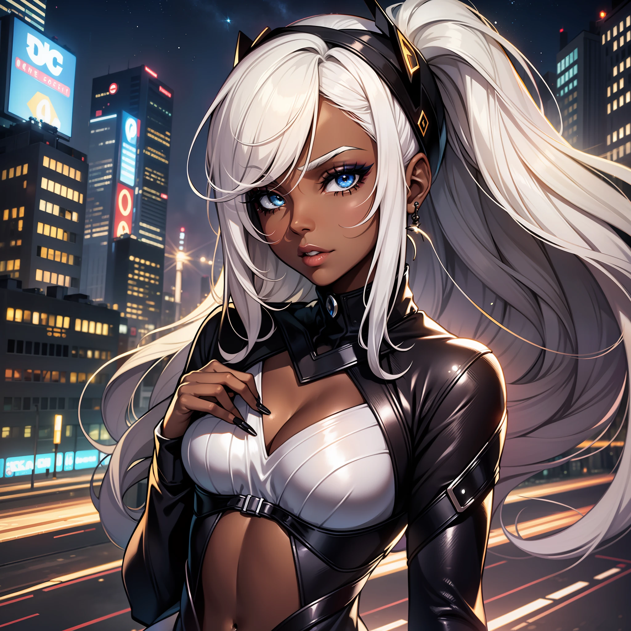 (a young woman:1.2)| (a girl:1.1), dark skin, portrait, makeup, super detailed, DC Flash style, electricity, city, direct look, contoured.