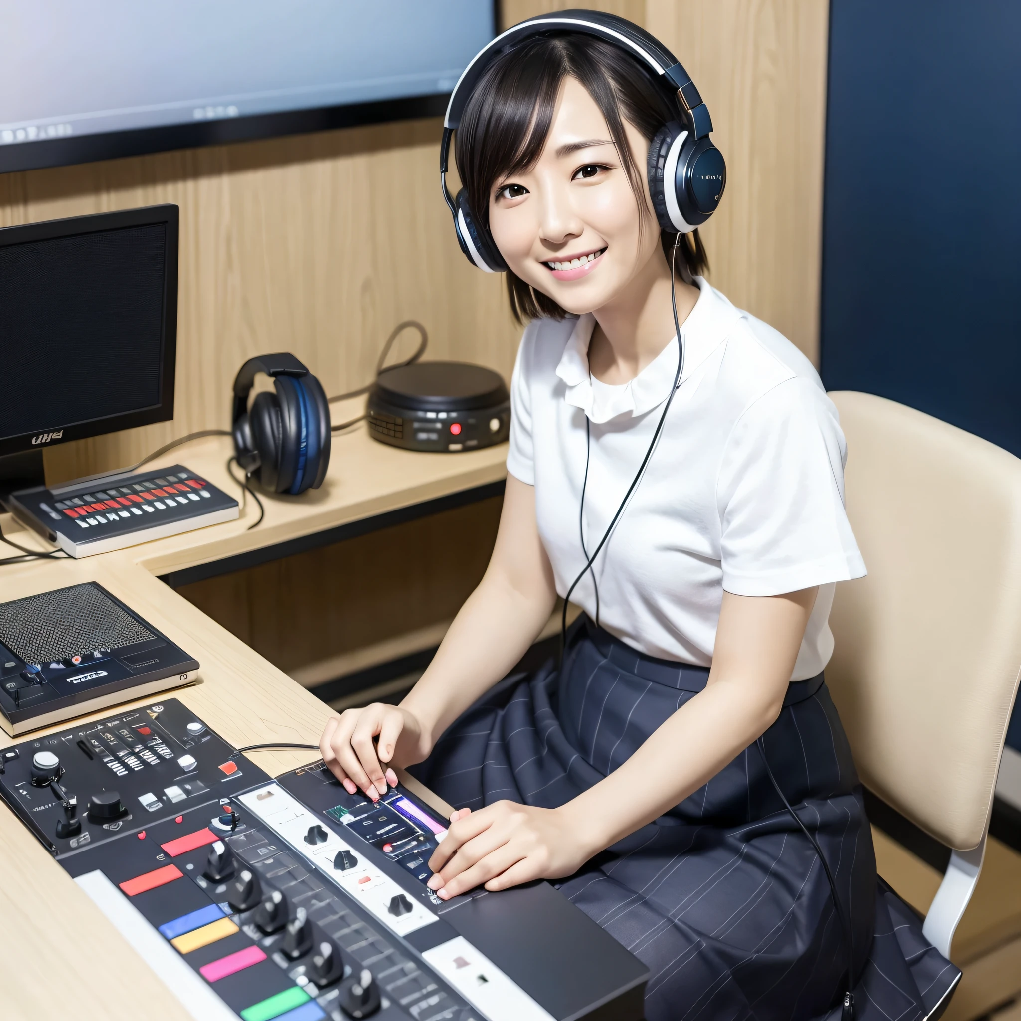 Japan woman 35 years old, white shirt, dark blue skirt, wearing small headphones, radio DJ, thick eyebrows, smiling, sitting, background in the studio of radio station