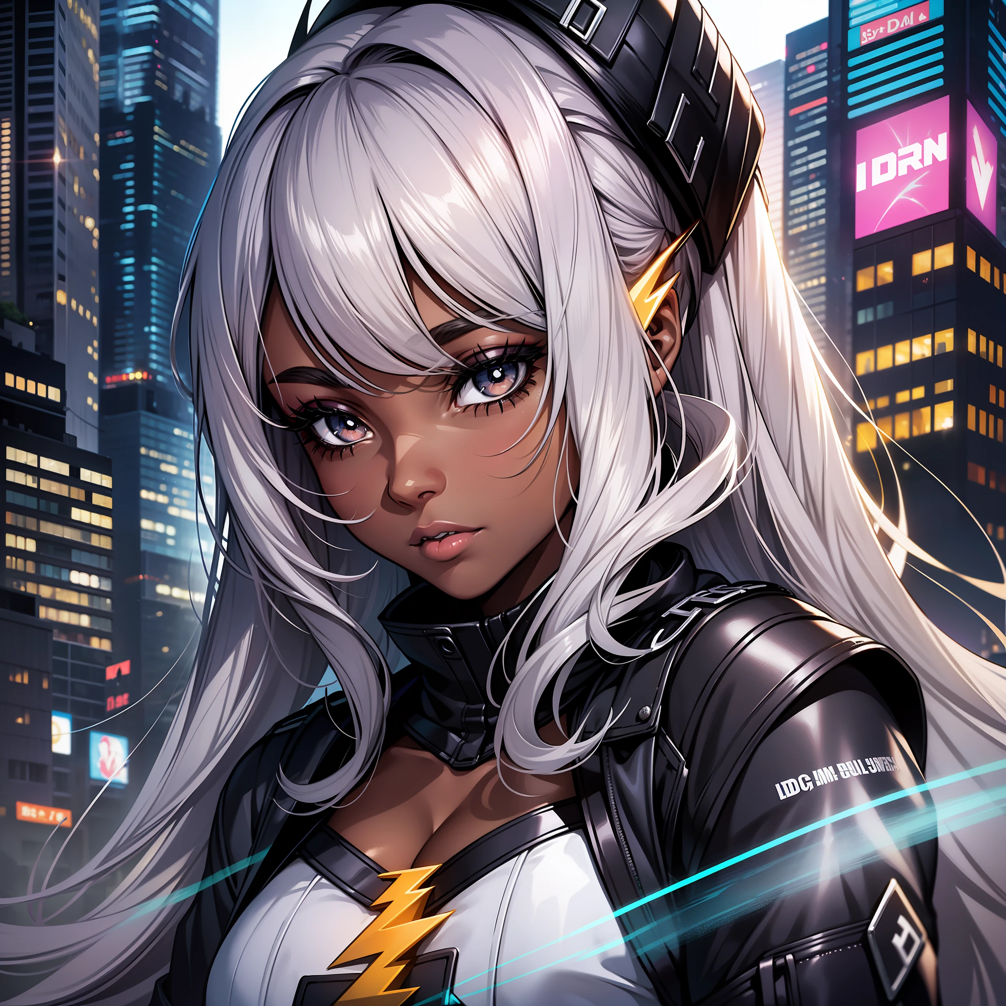 (a young woman:1.2)| (a girl:1.1), dark skin, portrait, makeup, super detailed, DC Flash style, electricity, city, direct look, contoured.