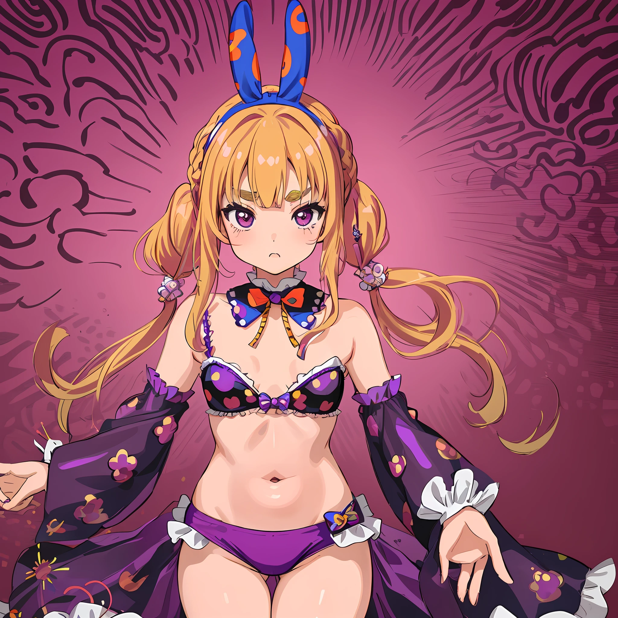 Yayoi Kusama, purple, centered, fusion of nipple seal and low-rise shorts, small, female brat, thick eyebrows, thin waist, pigtails, beautiful blonde, braid, rabbit ears, (masterpiece), ((highest quality)), (super detailed), girl, clean and detailed face, five fingers, textile shading, perfect human body structure, perfect anatomy,