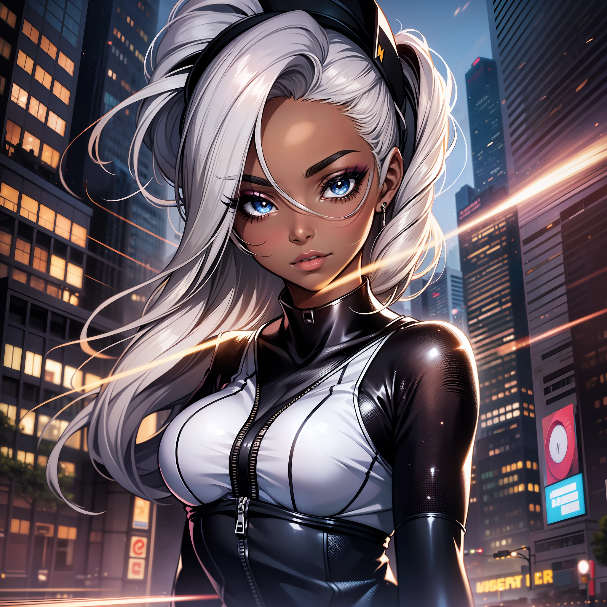 (a young woman:1.2)| (a girl:1.1), dark skin, portrait, makeup, super detailed, DC Flash style, electricity, city, direct look, contoured.