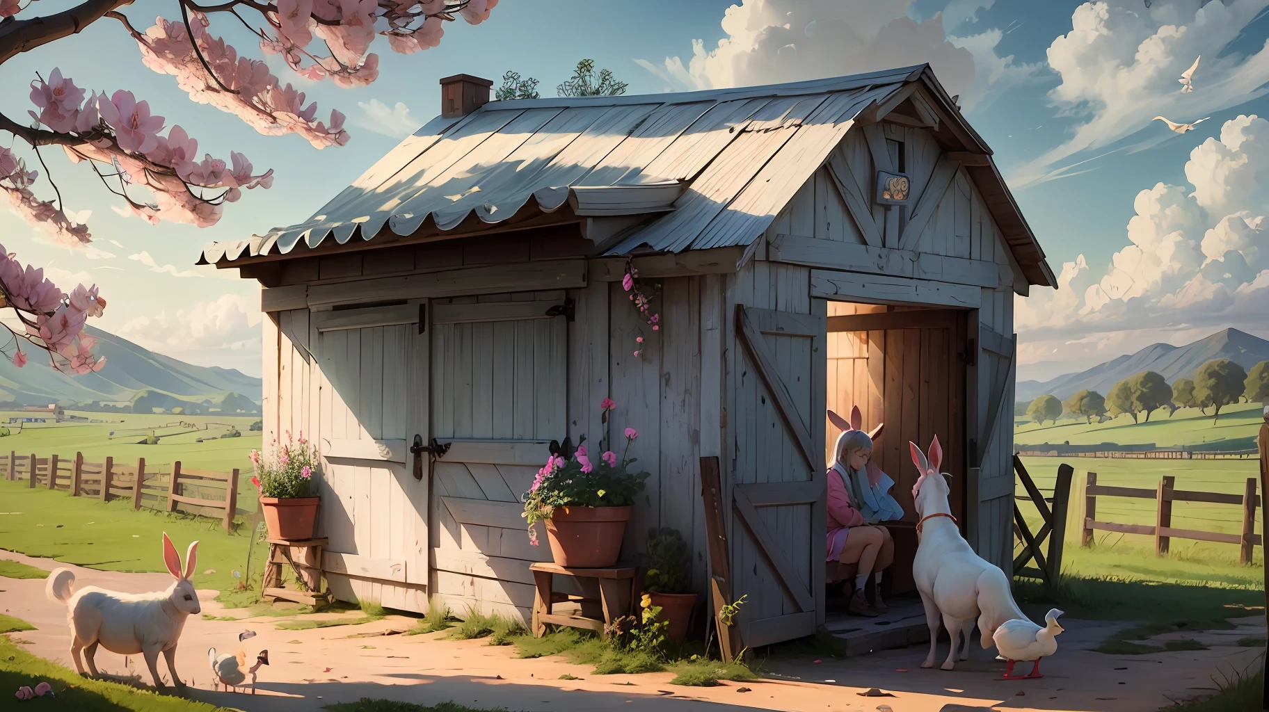 Friendship Blooms White horse, 10-year-old girl, Dona Maria, Farm animals, Piggy, Duck, Rabbit, drawing, colorful, children's --auto --s2