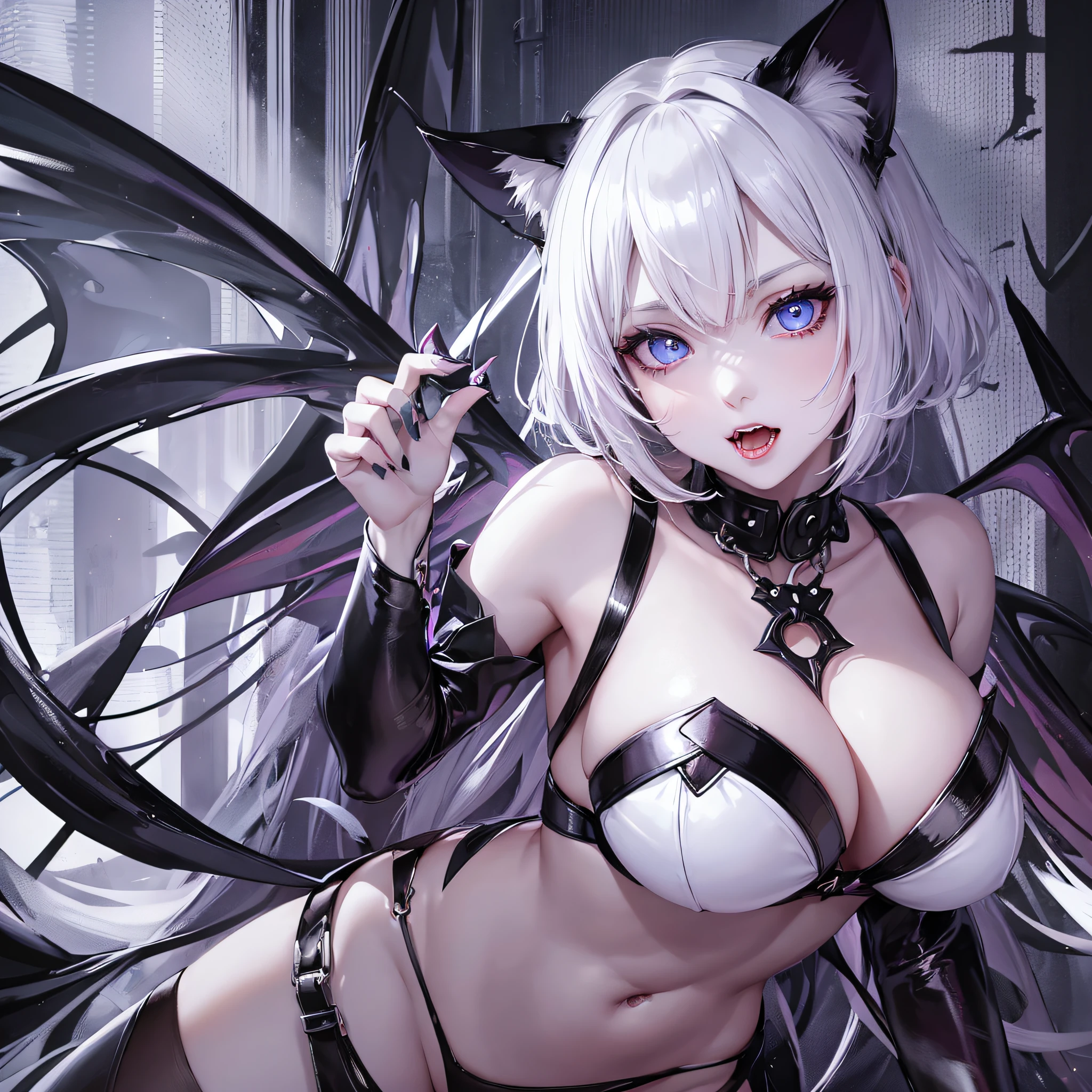 1 girl, big, succubus, white bob, pale skin, heart-shaped light blue eyes, fangs, cat ears, wings --auto --s2