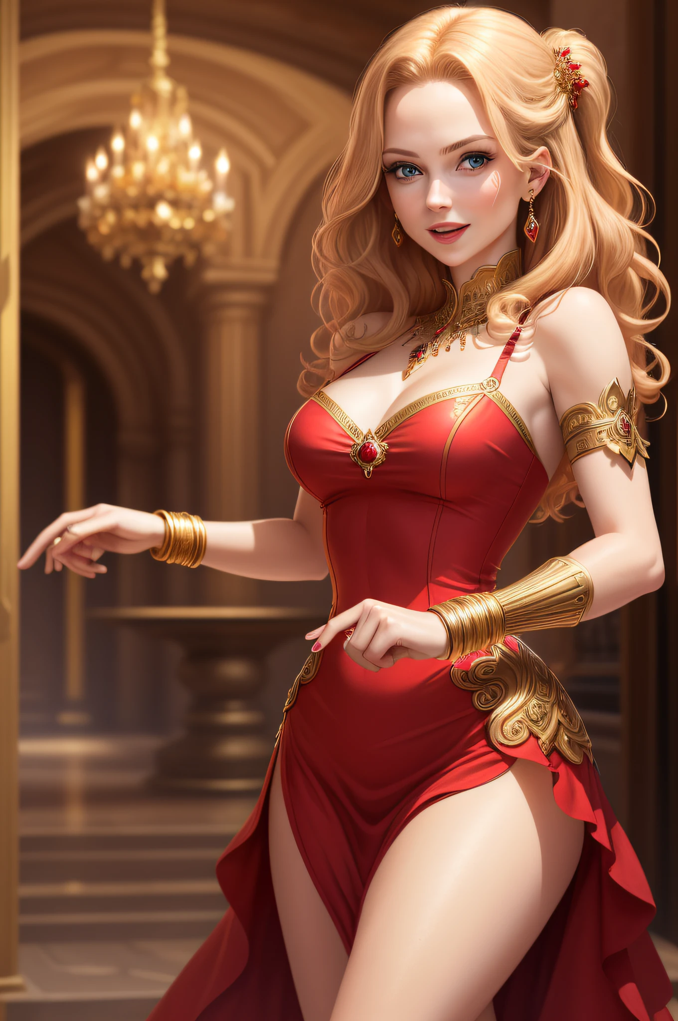 (masterpiece, best quality), beautiful woman, happily surprised face, 1lady, solo, elaborate red short dress, short wavy blonde hair, blue eyes, elaborate palace dungeon, gold bracelets